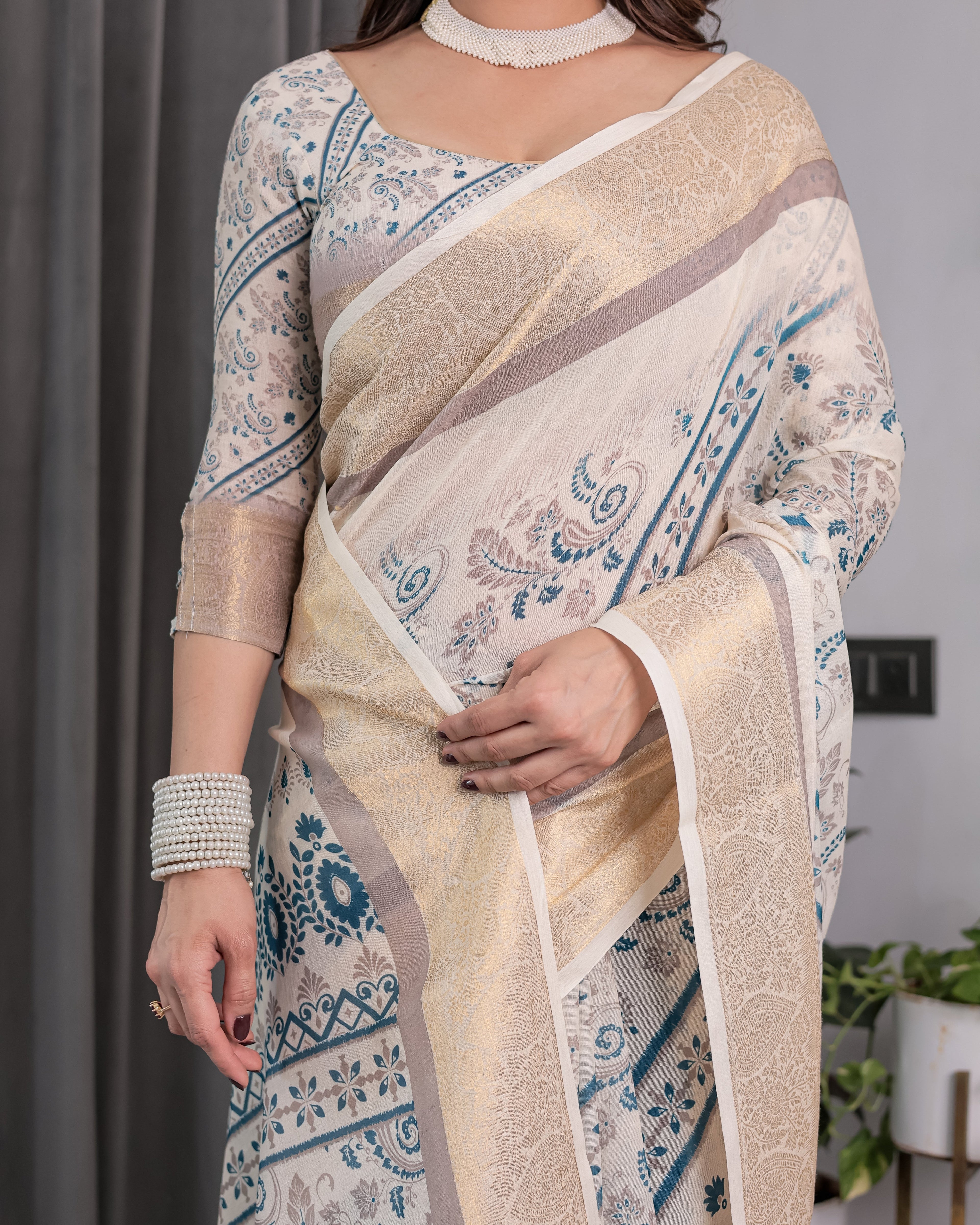 Ivory Beige Handloom Linen Saree with Teal Floral Buta & Paisley Border | Elegant Ethnic Printed Pallu & Zari Highlights | 5.5m Saree + 0.8m Blouse