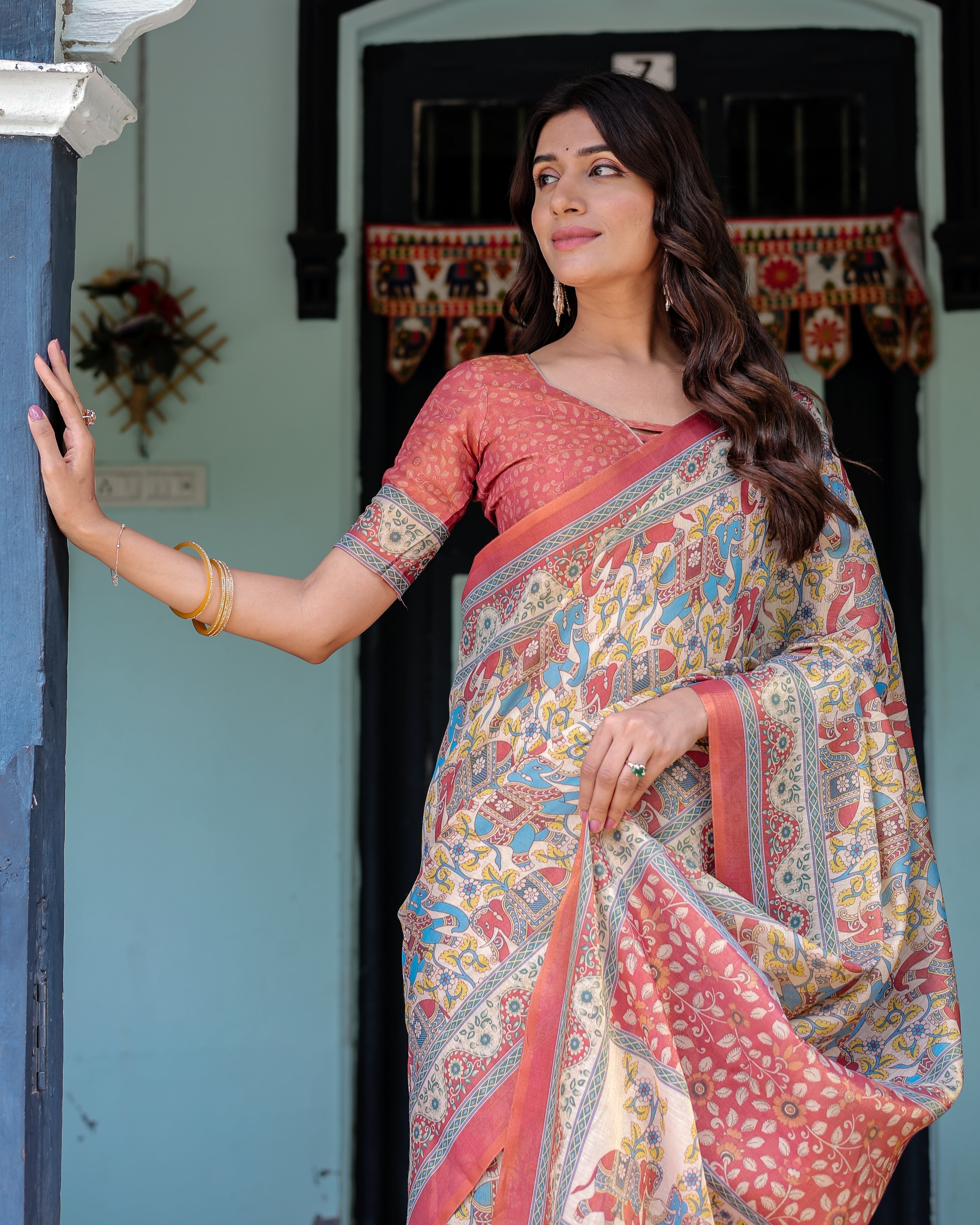 Rust Beige Handloom Cotton Saree with Vibrant Elephant Parade Print & Red Floral Pallu