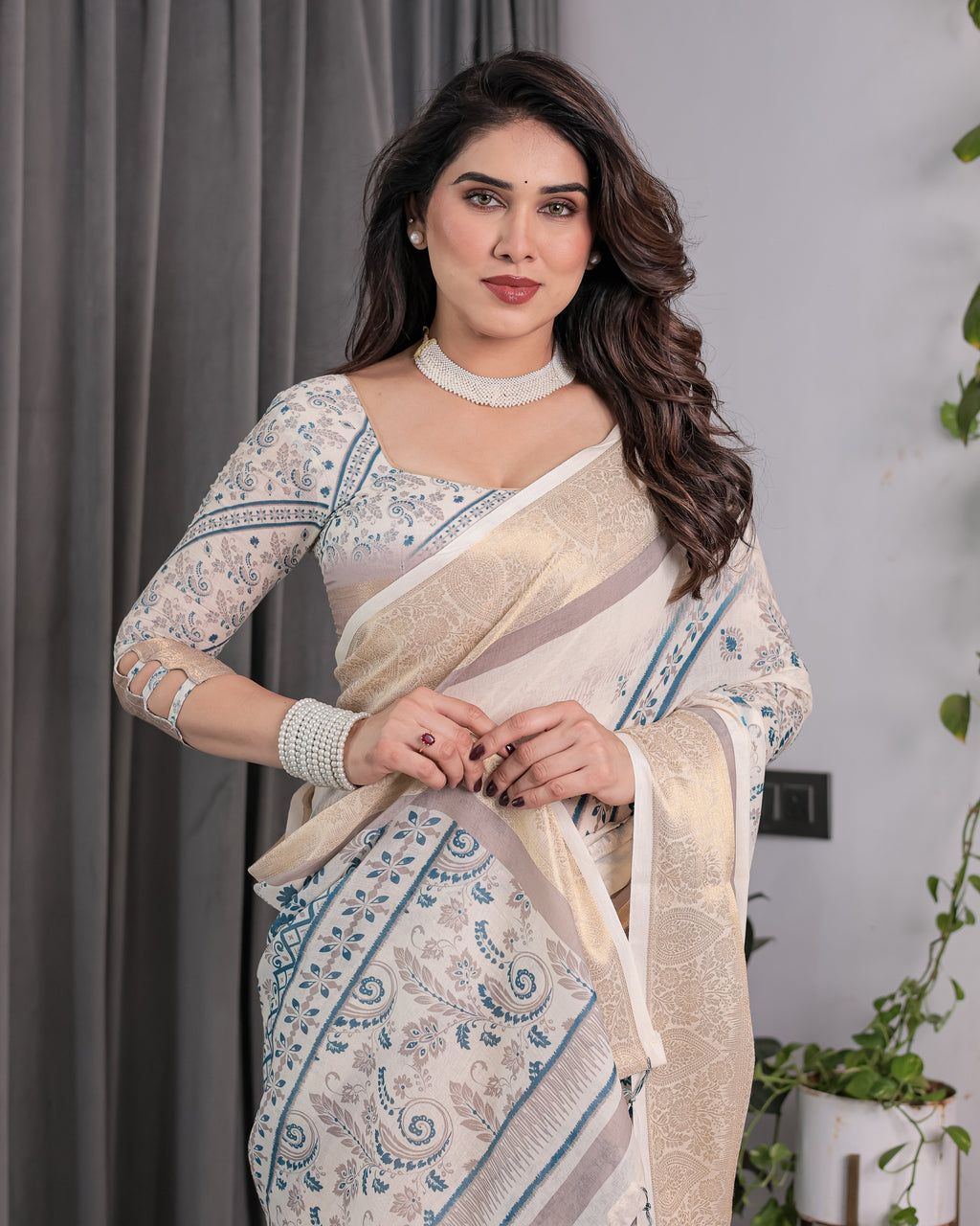 Ivory Beige Handloom Linen Saree with Teal Floral Buta & Paisley Border | Elegant Ethnic Printed Pallu & Zari Highlights | 5.5m Saree + 0.8m Blouse