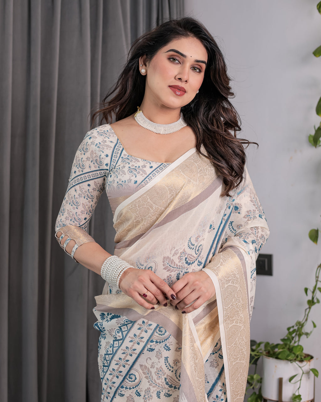 Ivory Beige Handloom Linen Saree with Teal Floral Buta & Paisley Border | Elegant Ethnic Printed Pallu & Zari Highlights | 5.5m Saree + 0.8m Blouse