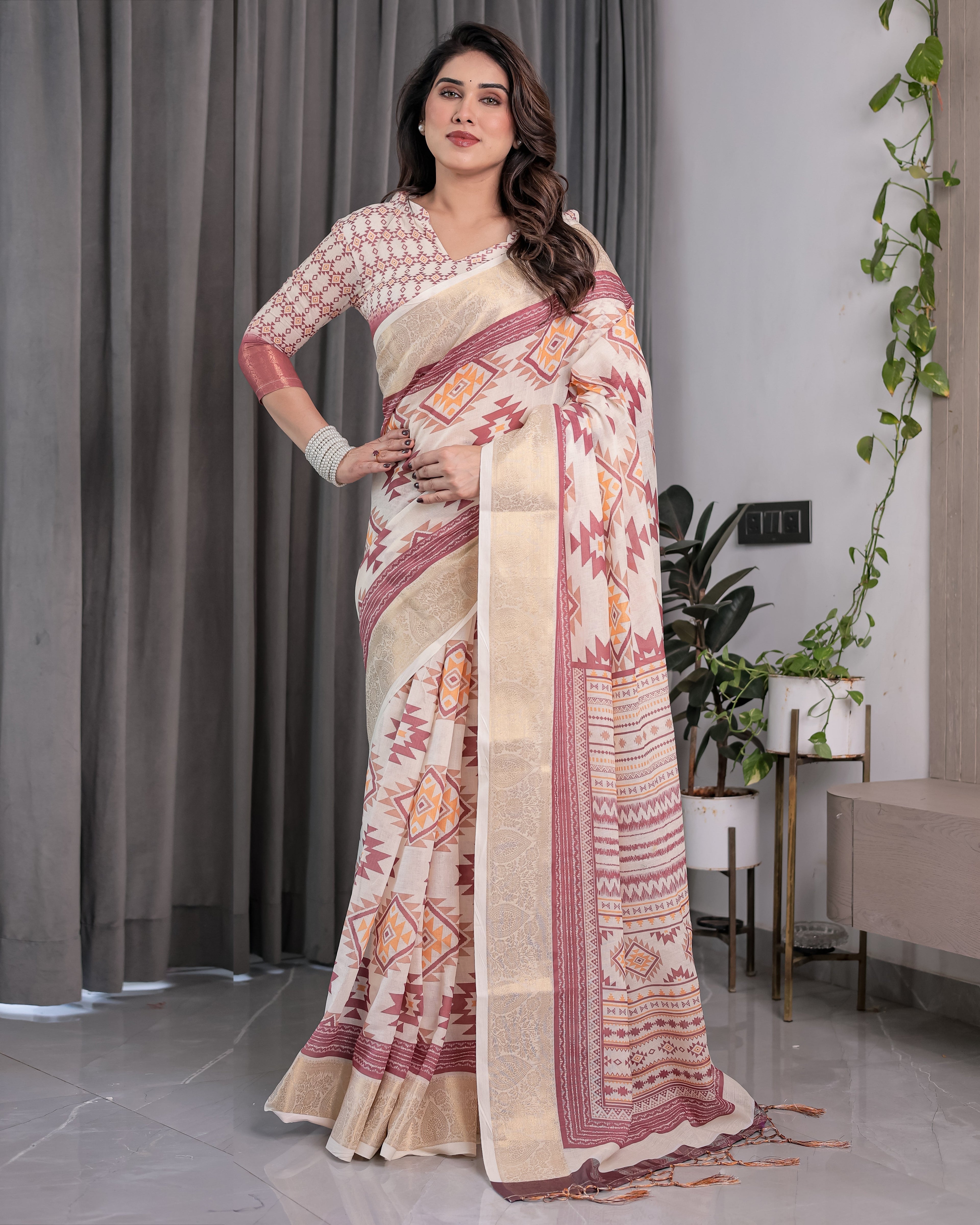 Beige Handloom Linen Saree with Maroon Tribal Geometric Digital Print & Zari Border | Festive Drape | 5.5m Saree + 0.8m Blouse