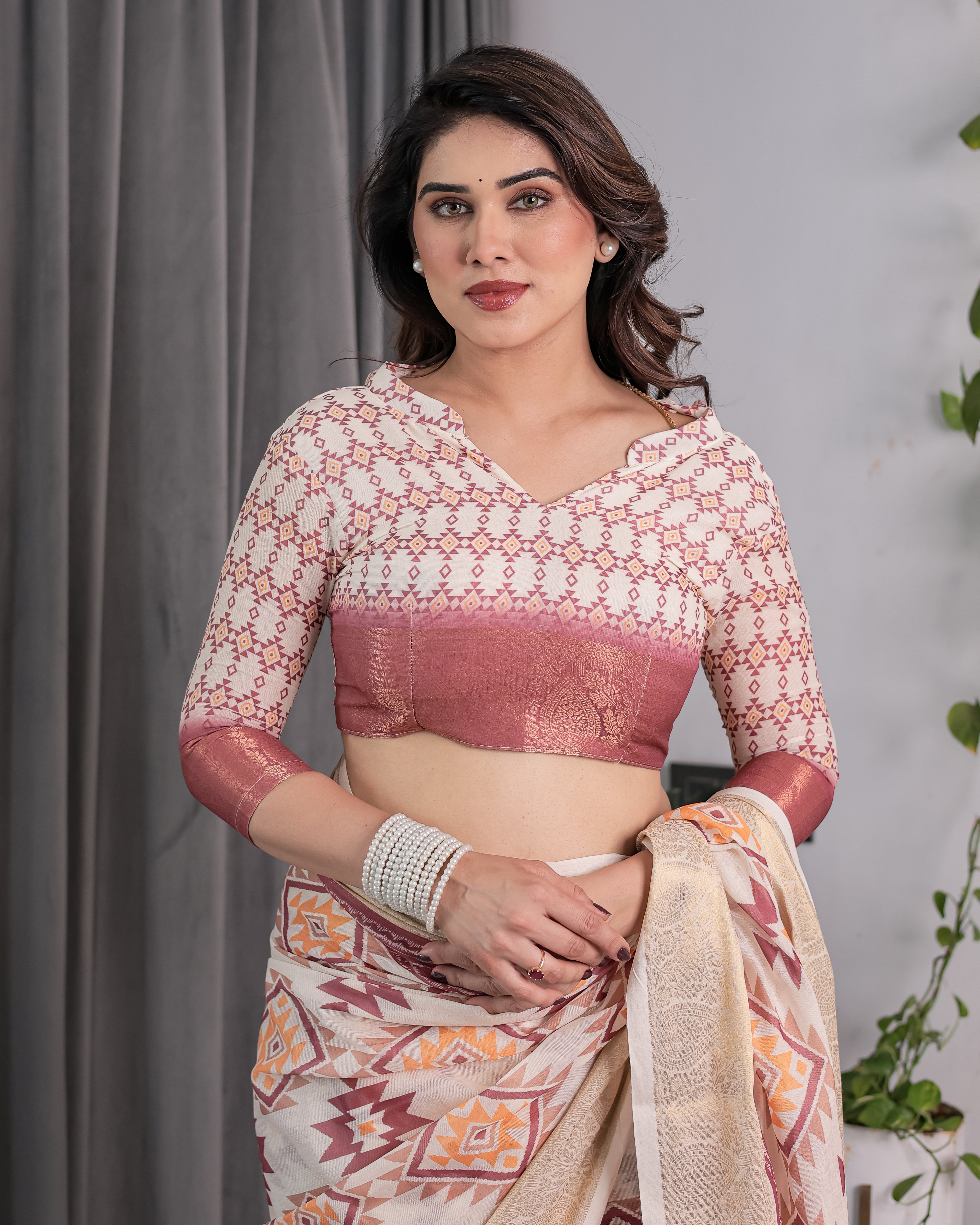 Beige Handloom Linen Saree with Maroon Tribal Geometric Digital Print & Zari Border | Festive Drape | 5.5m Saree + 0.8m Blouse