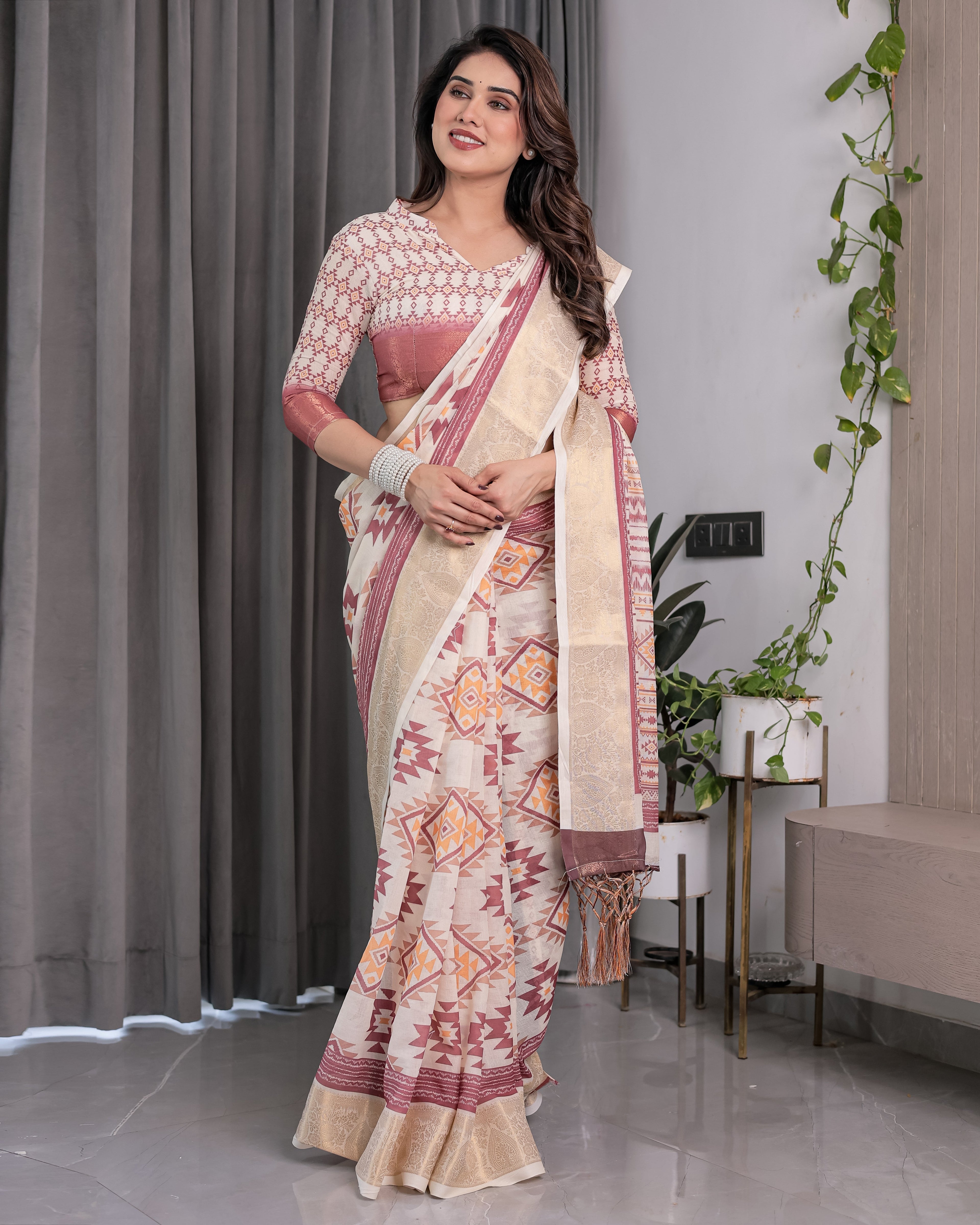 Beige Handloom Linen Saree with Maroon Tribal Geometric Digital Print & Zari Border | Festive Drape | 5.5m Saree + 0.8m Blouse