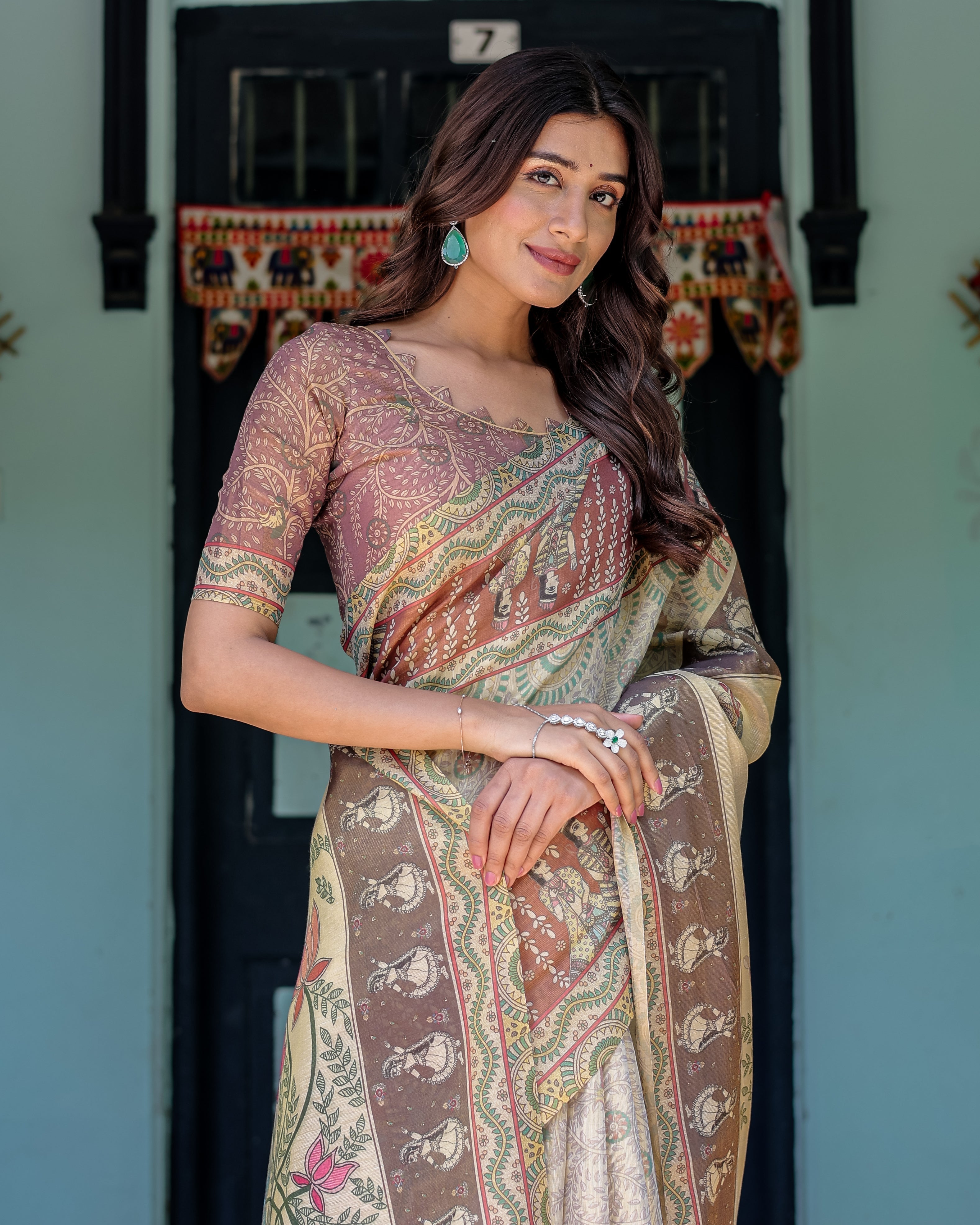 Ivory Brown Handloom Cotton Saree with Classical Dancer Motifs & Madhubani-Inspired Pallu