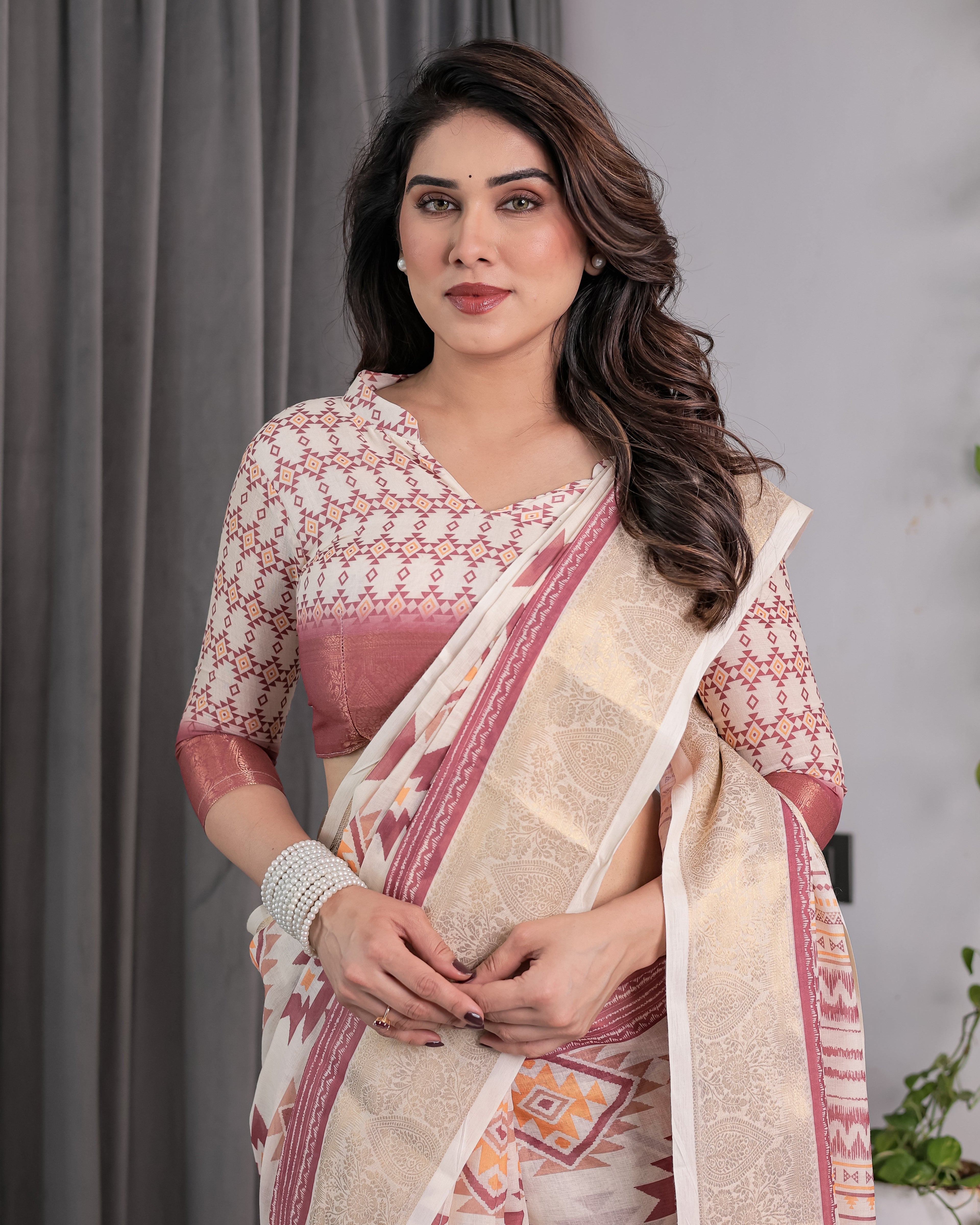 Beige Handloom Linen Saree with Maroon Tribal Geometric Digital Print & Zari Border | Festive Drape | 5.5m Saree + 0.8m Blouse