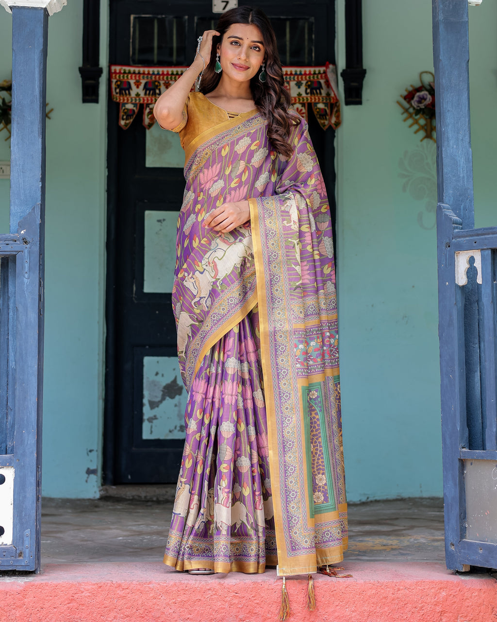 Royal Violet Handloom Cotton Saree with Cow Motifs & Temple Pallu Art
