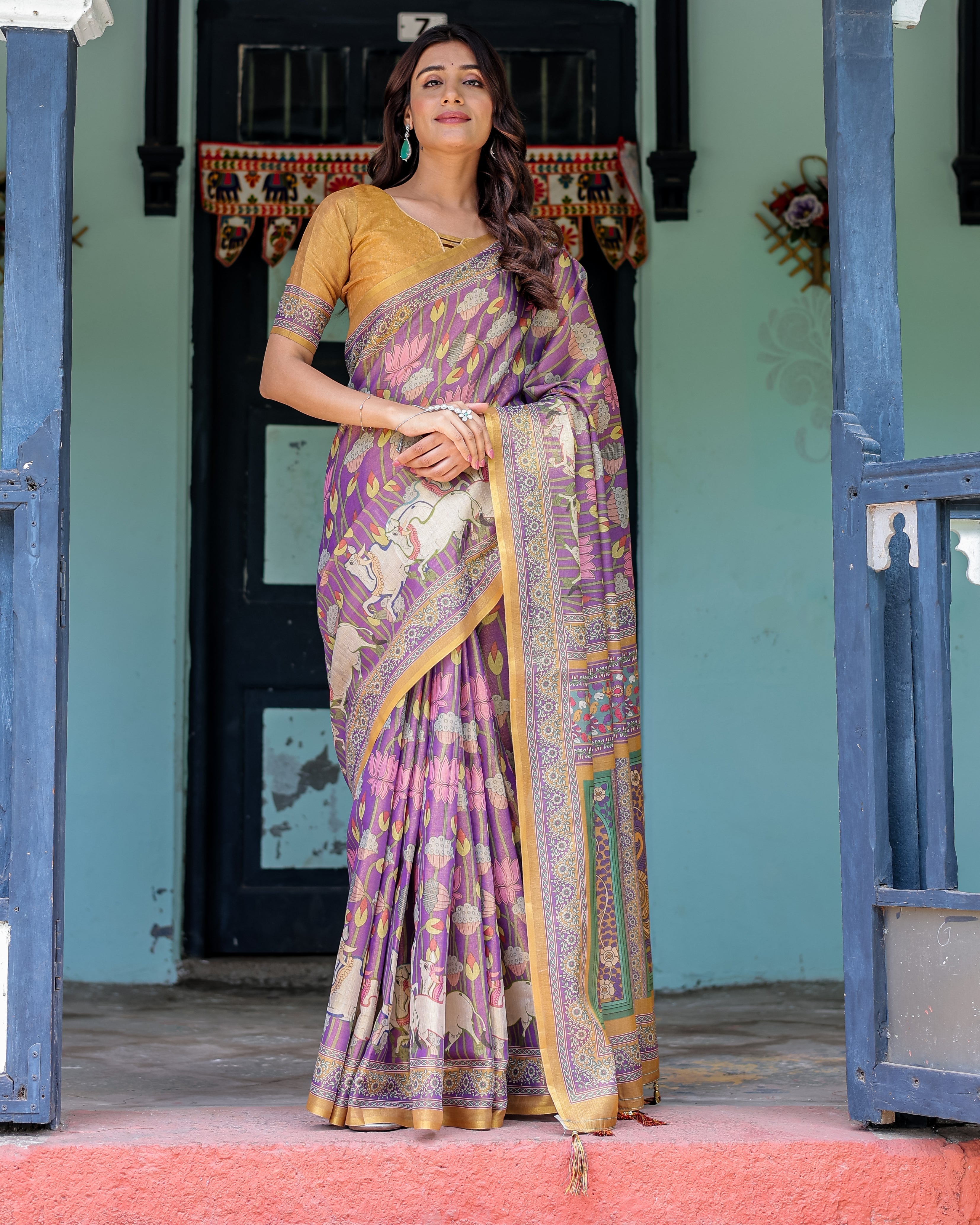 Royal Violet Handloom Cotton Saree with Cow Motifs & Temple Pallu Art