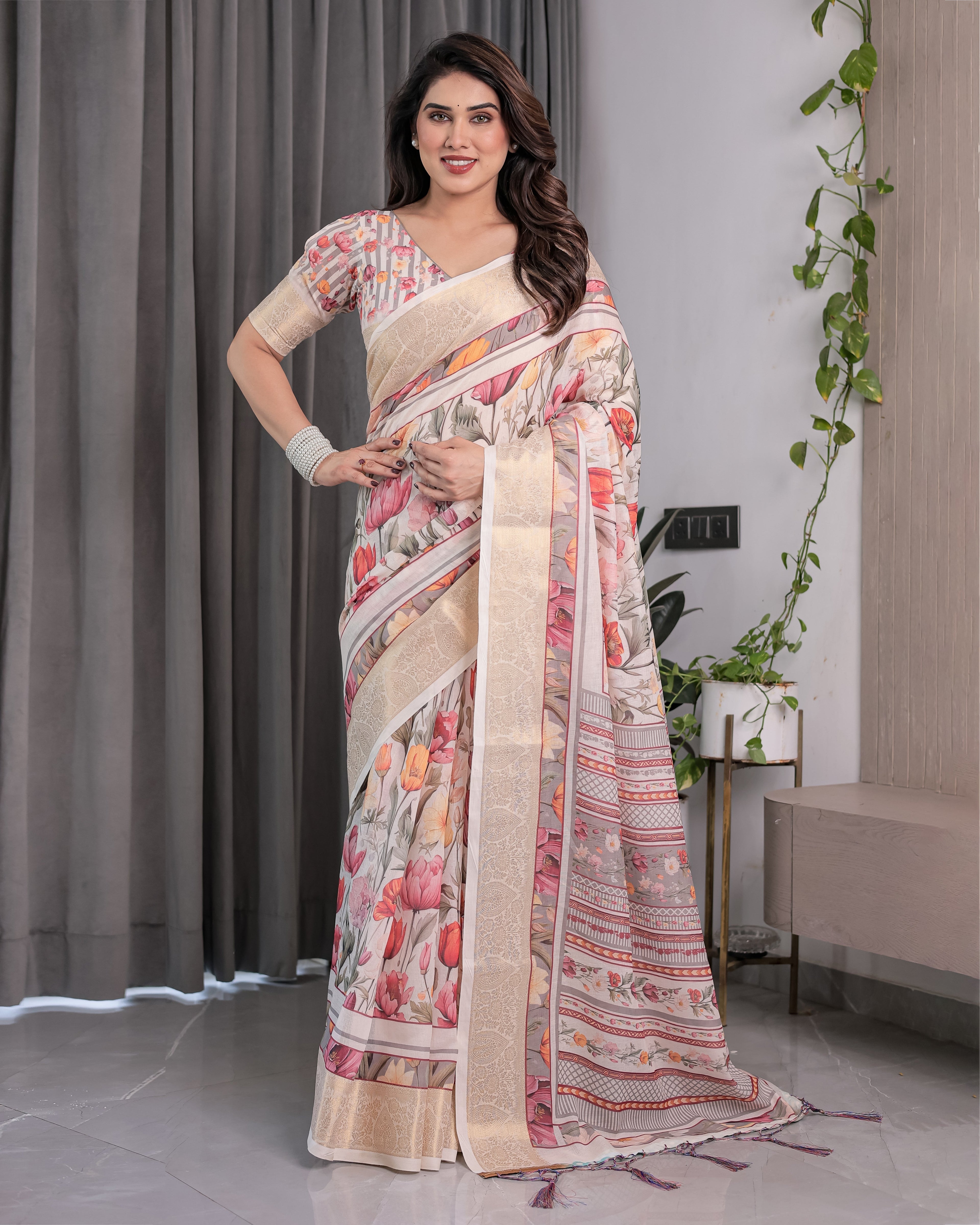 Cream Handloom Linen Saree with Multicolor Floral Print & Striped Pallu | Zari Border & Tassels | 5.5m Saree + 0.8m Blouse