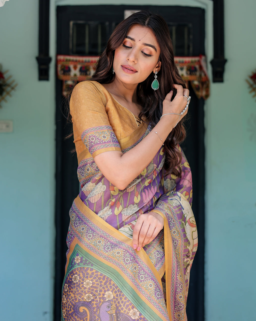 Royal Violet Handloom Cotton Saree with Cow Motifs & Temple Pallu Art