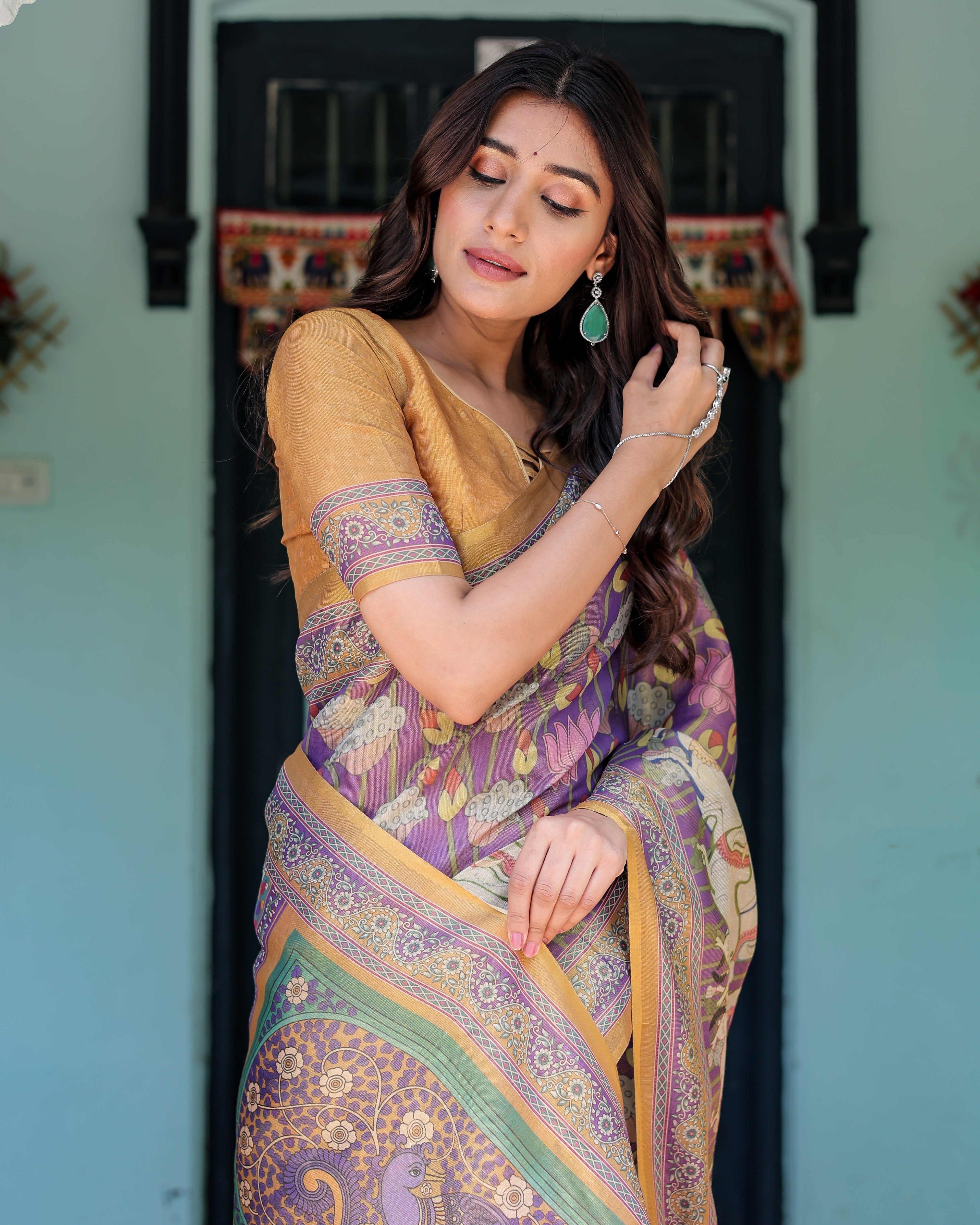 Royal Violet Handloom Cotton Saree with Cow Motifs & Temple Pallu Art