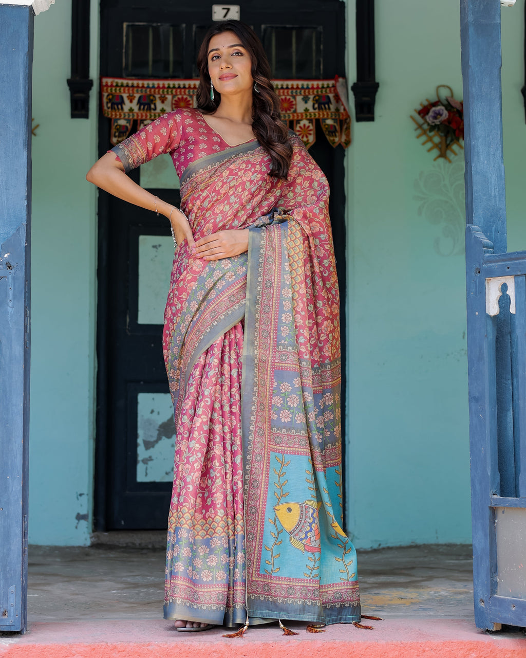 Rosewood Red Handloom Cotton Saree with Artistic Fish Pallu & Floral Vine Print