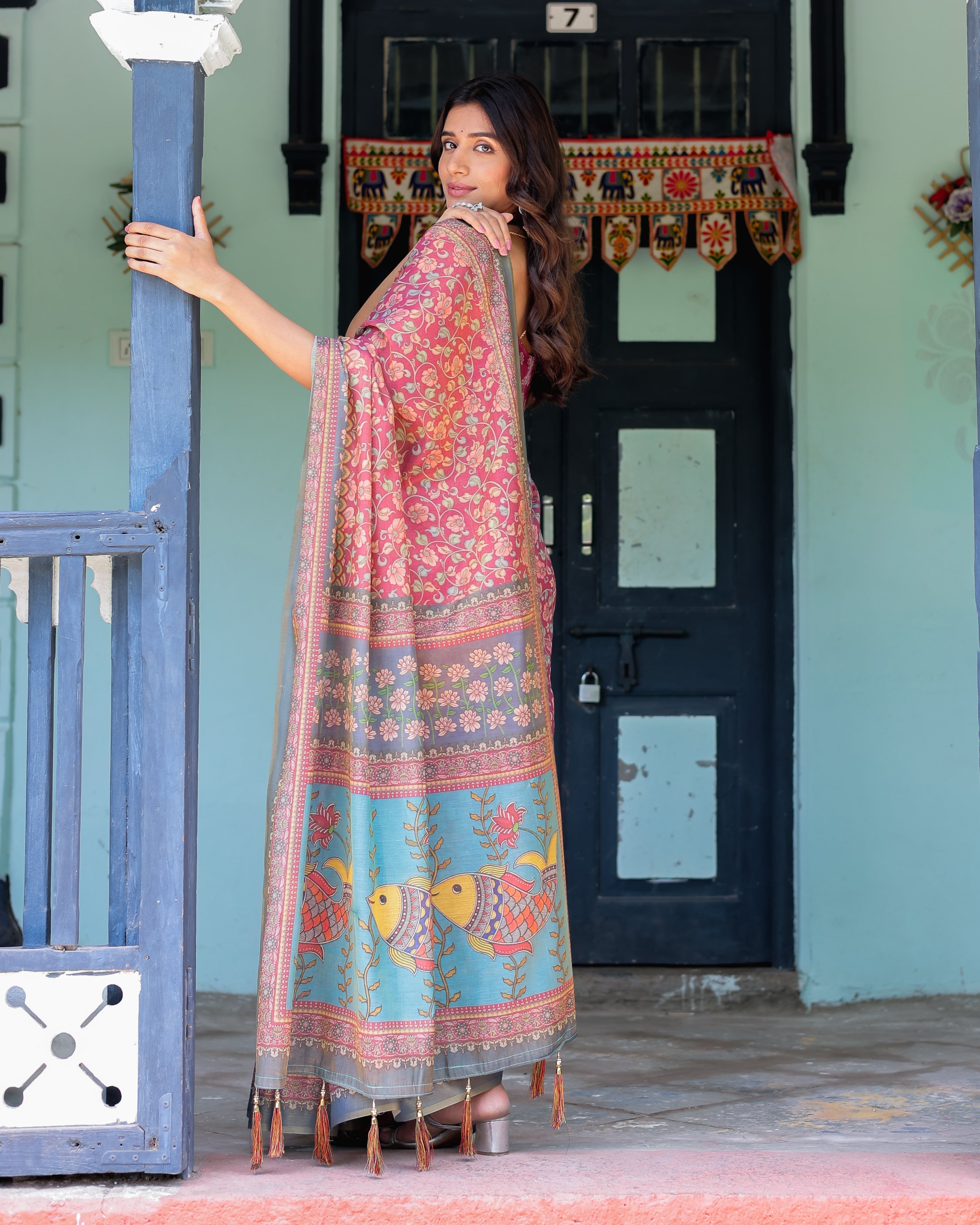Rosewood Red Handloom Cotton Saree with Artistic Fish Pallu & Floral Vine Print