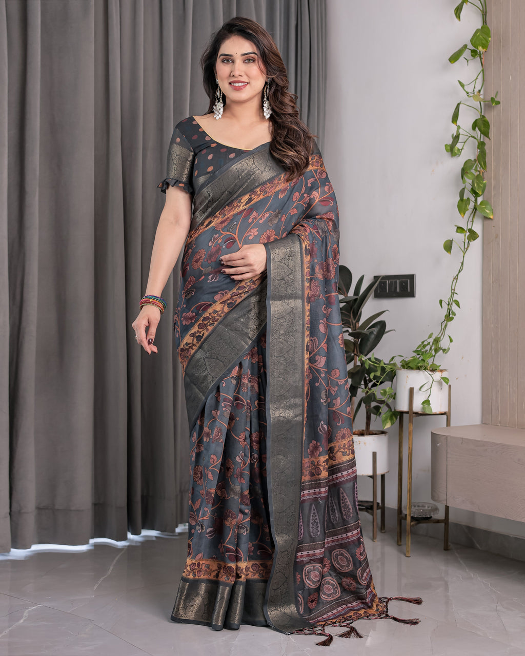 Charcoal Grey Digital Printed Saree with Maroon Floral & Tribal Border Motifs | Antique Zari Highlights | 5.5m Saree + 0.8m Blouse Piece