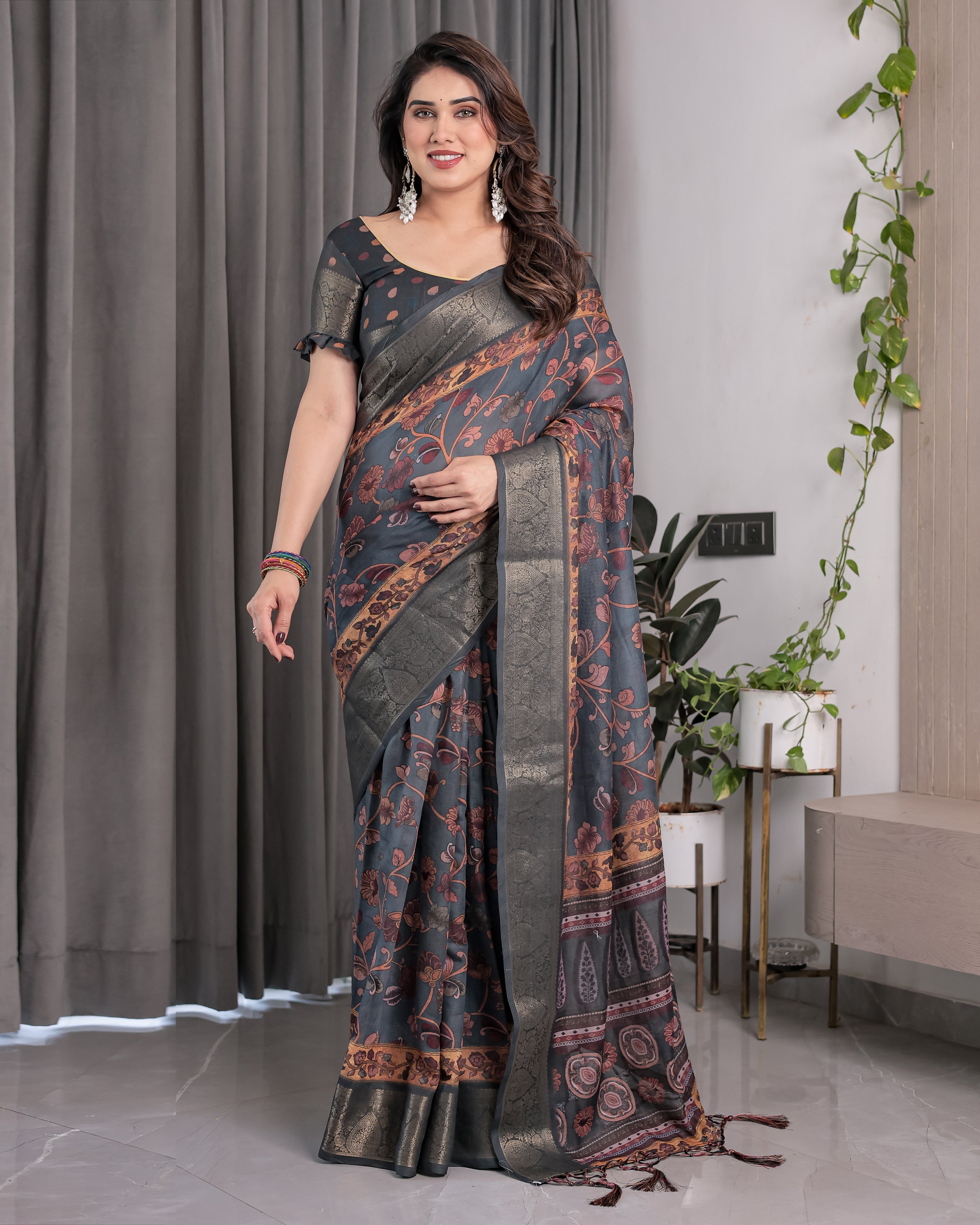 Charcoal Grey Digital Printed Saree with Maroon Floral & Tribal Border Motifs | Antique Zari Highlights | 5.5m Saree + 0.8m Blouse Piece