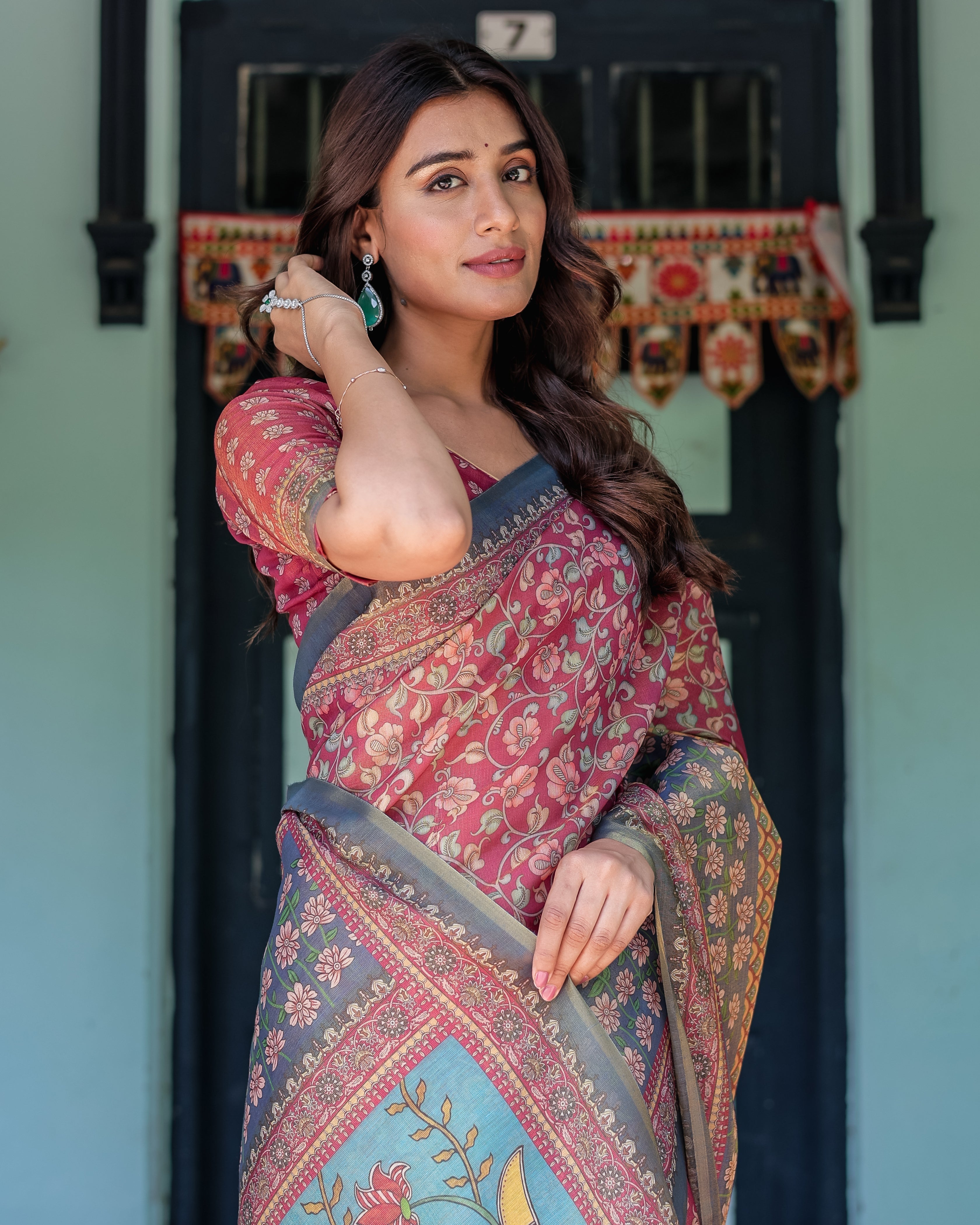 Rosewood Red Handloom Cotton Saree with Artistic Fish Pallu & Floral Vine Print