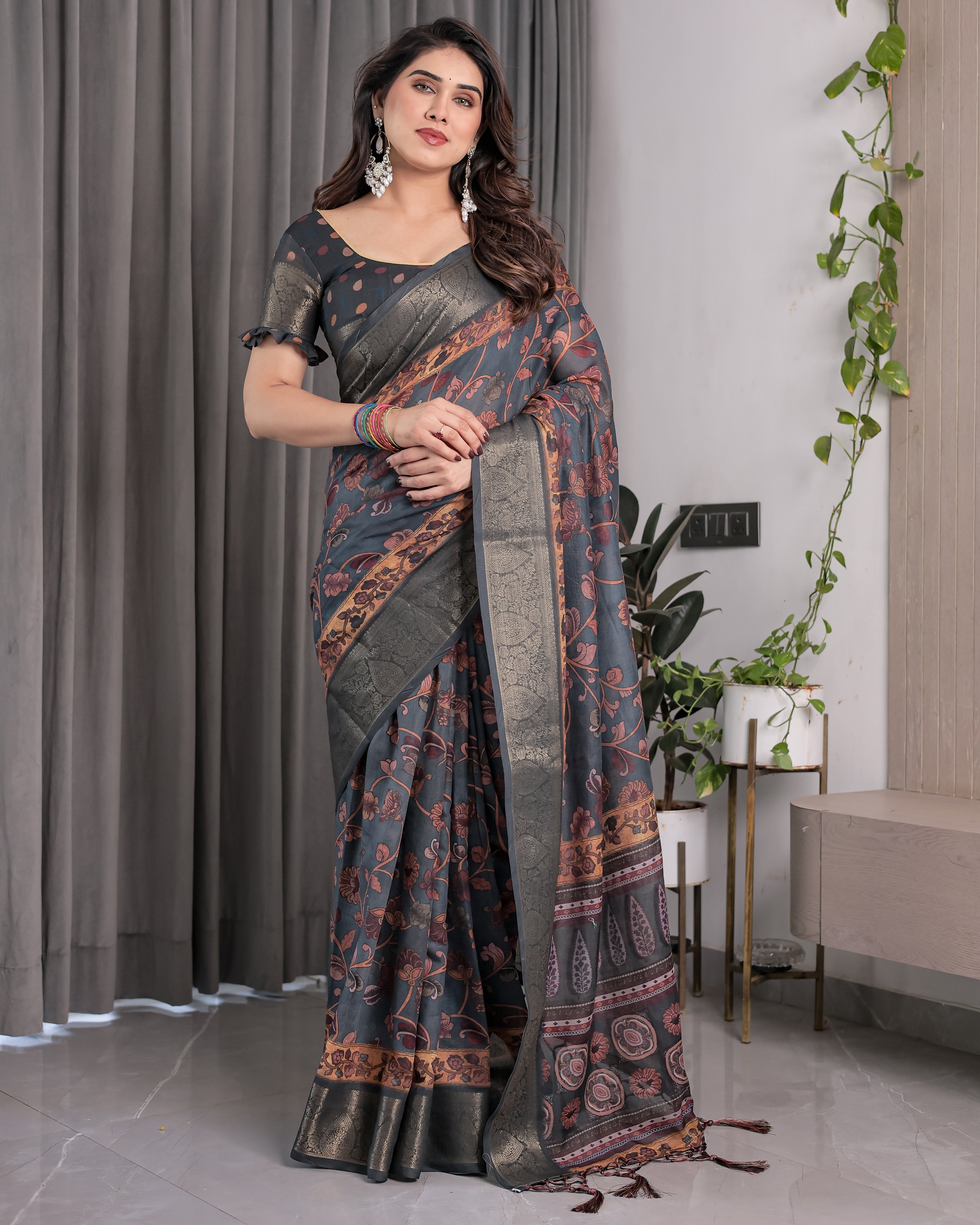 Charcoal Grey Digital Printed Saree with Maroon Floral & Tribal Border Motifs | Antique Zari Highlights | 5.5m Saree + 0.8m Blouse Piece