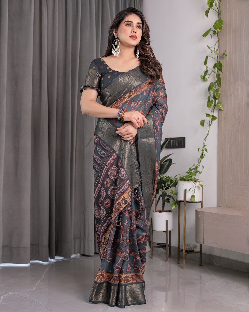 Charcoal Grey Digital Printed Saree with Maroon Floral & Tribal Border Motifs | Antique Zari Highlights | 5.5m Saree + 0.8m Blouse Piece