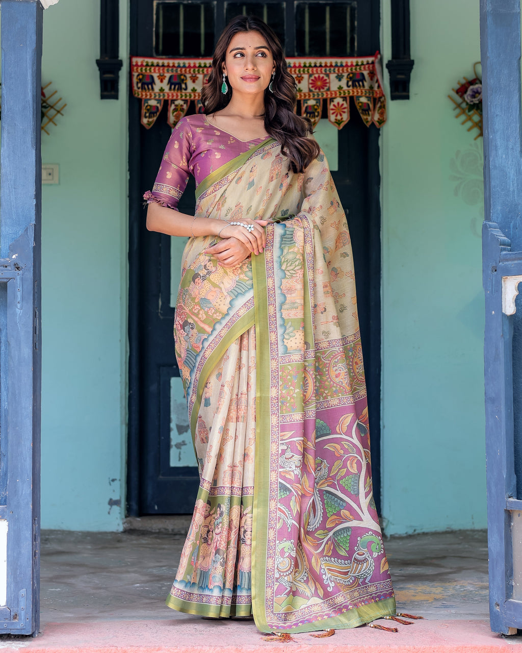 Ivory & Violet Handloom Cotton Saree with Royal Procession & Tree of Life Pallu