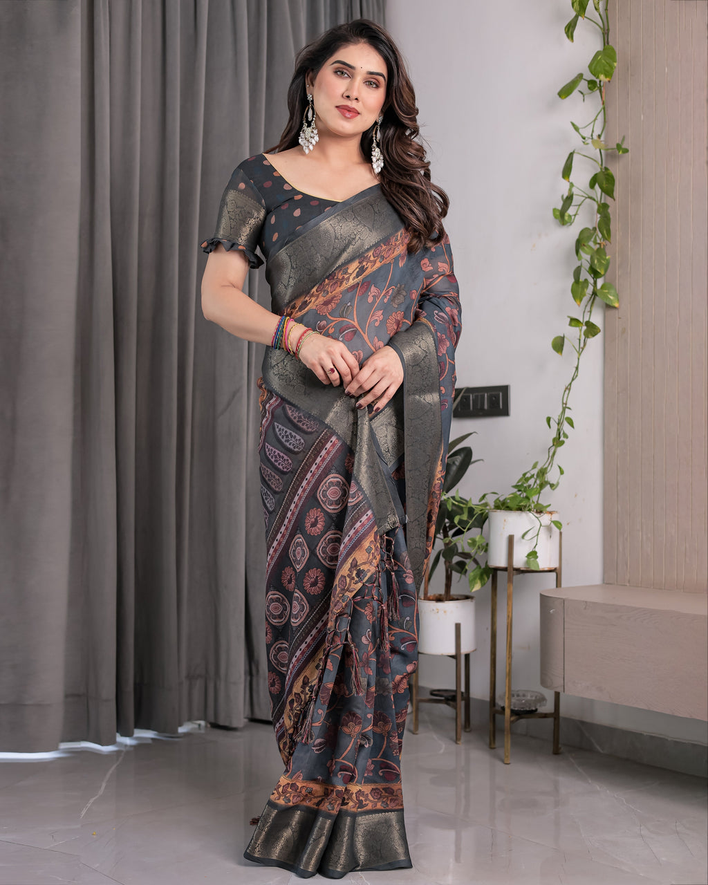 Charcoal Grey Digital Printed Saree with Maroon Floral & Tribal Border Motifs | Antique Zari Highlights | 5.5m Saree + 0.8m Blouse Piece