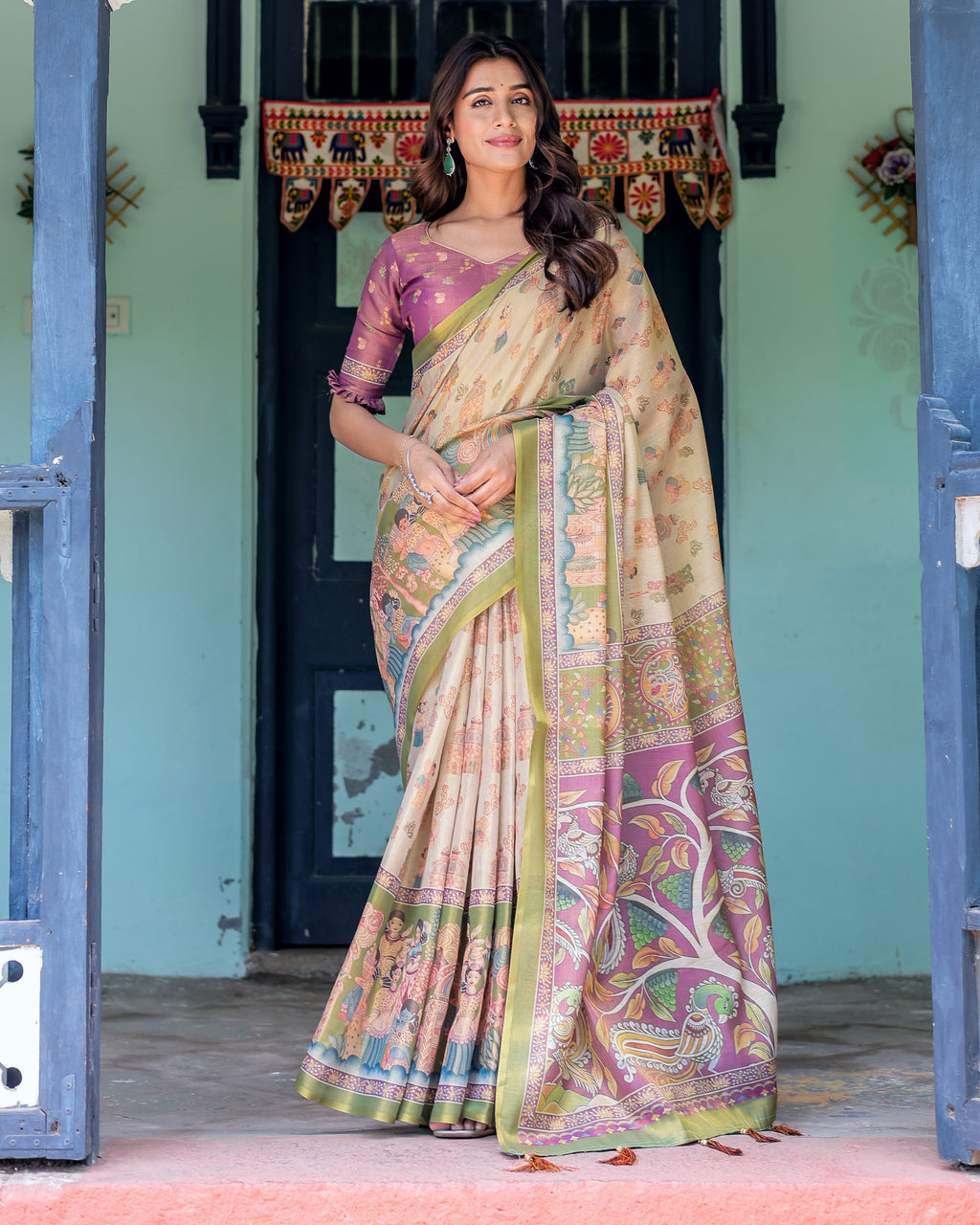 Ivory & Violet Handloom Cotton Saree with Royal Procession & Tree of Life Pallu