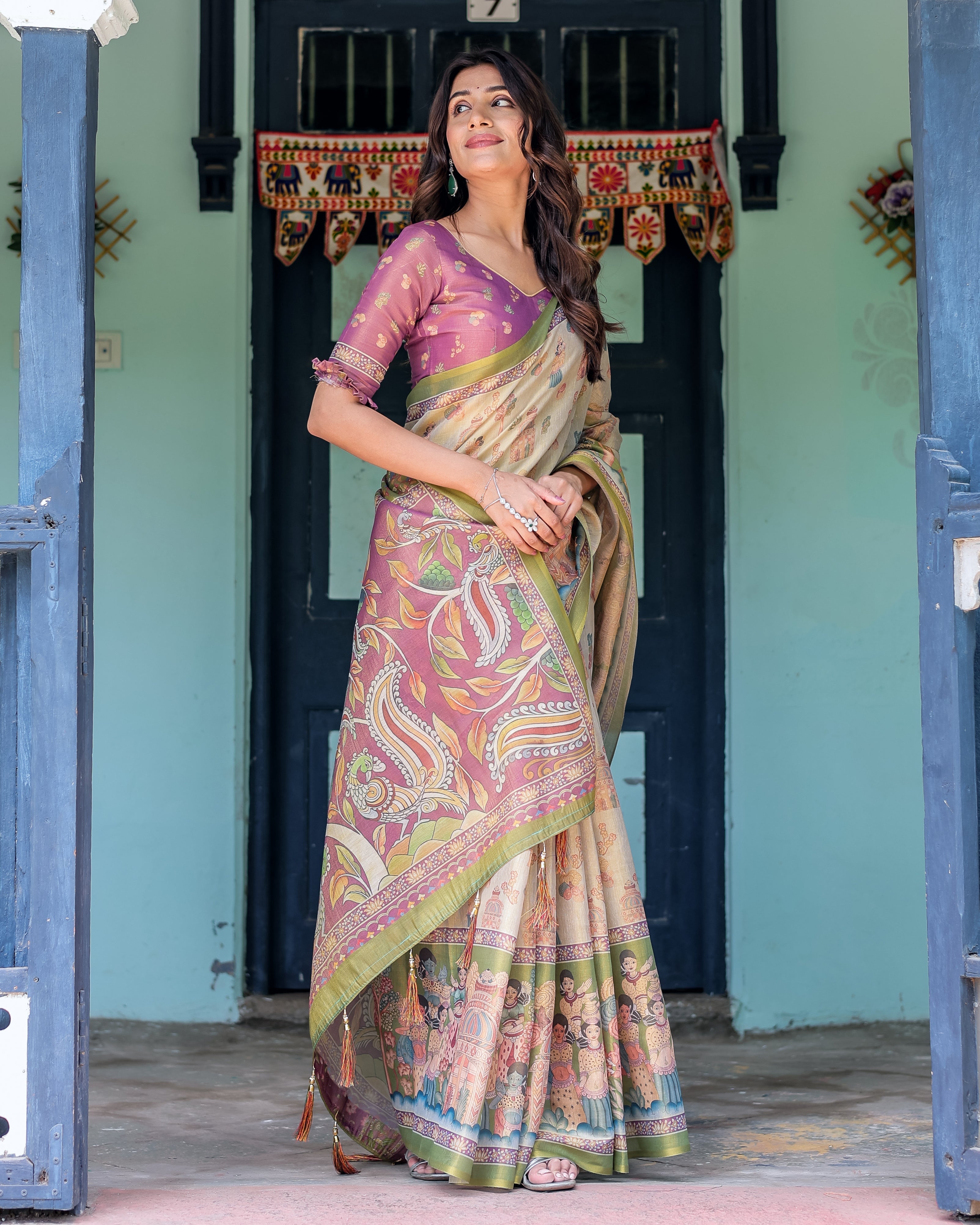 Ivory & Violet Handloom Cotton Saree with Royal Procession & Tree of Life Pallu