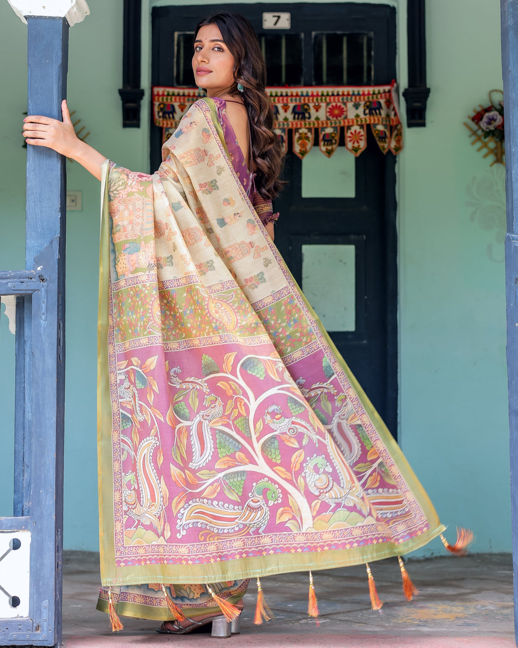 Ivory & Violet Handloom Cotton Saree with Royal Procession & Tree of Life Pallu