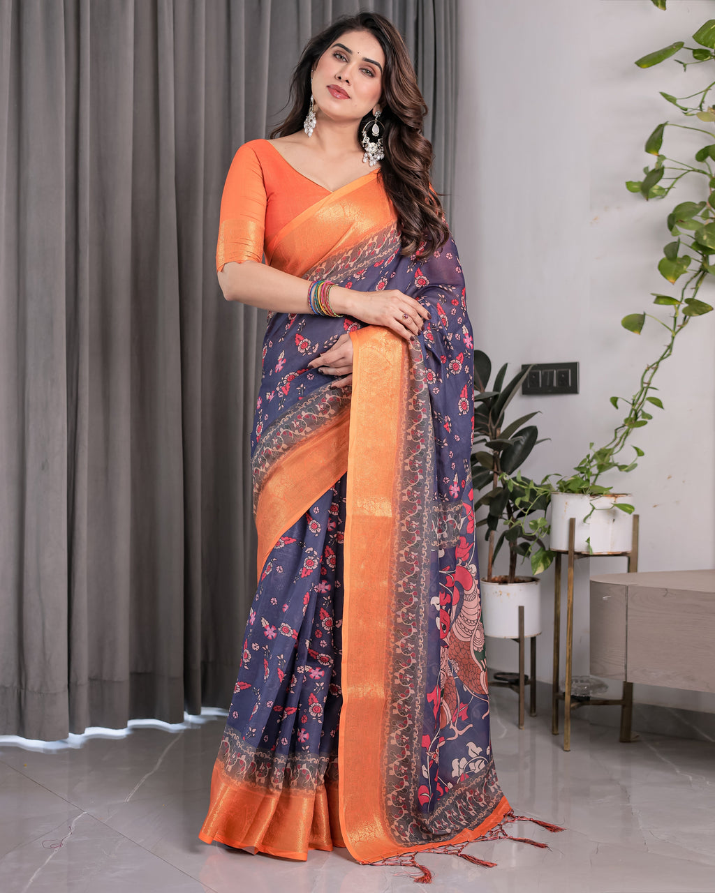 Vibrant Orange & Navy Blue Handloom Saree with Kalamkari Peacock Art Pallu & Zari Border | 5.5m Saree + 0.8m Blouse Piece