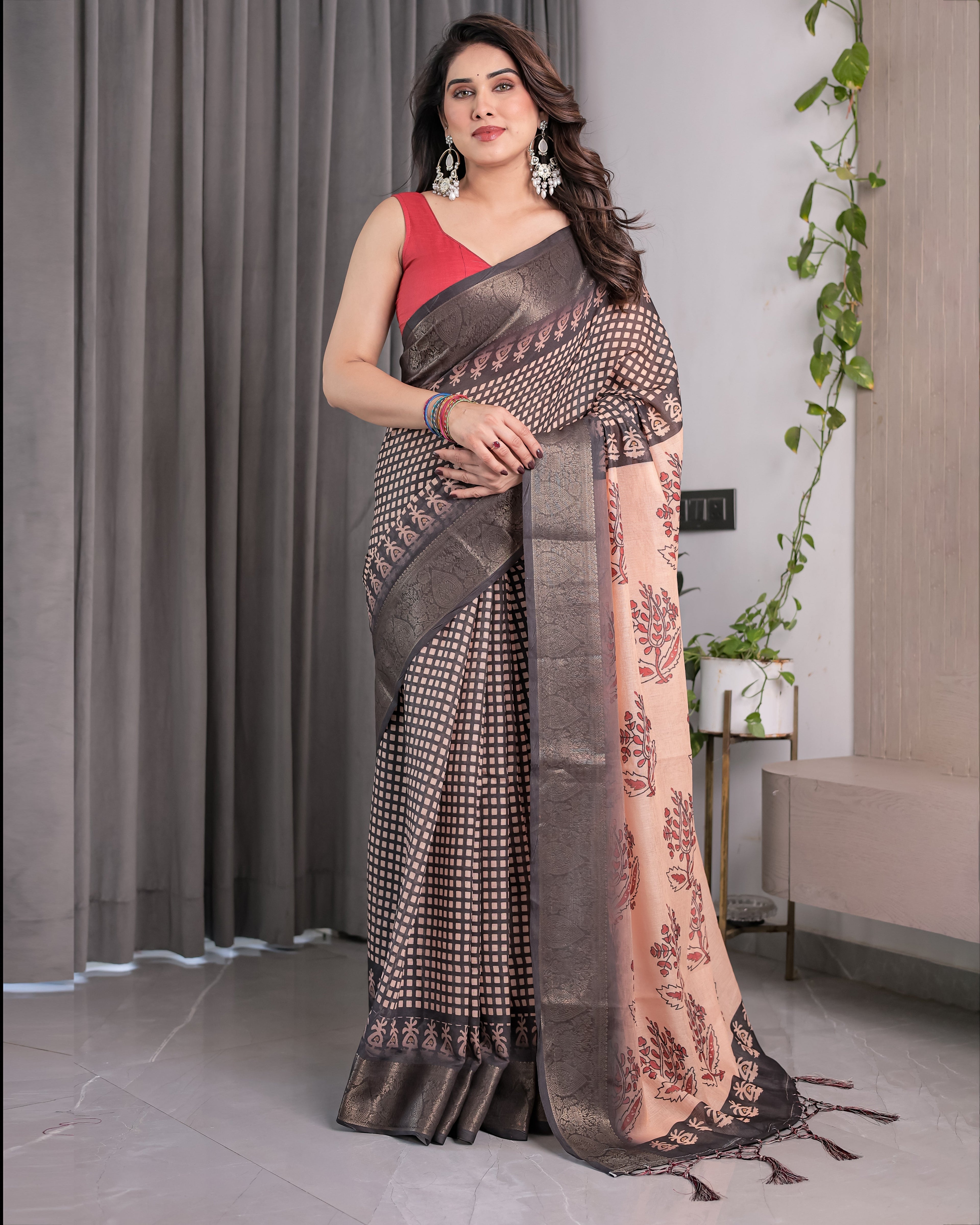 Elegant Beige Handloom Saree with Maroon Leaf Butta & Black Zari Woven Pallu | Festive Drape | 5.5m Saree + 0.8m Blouse
