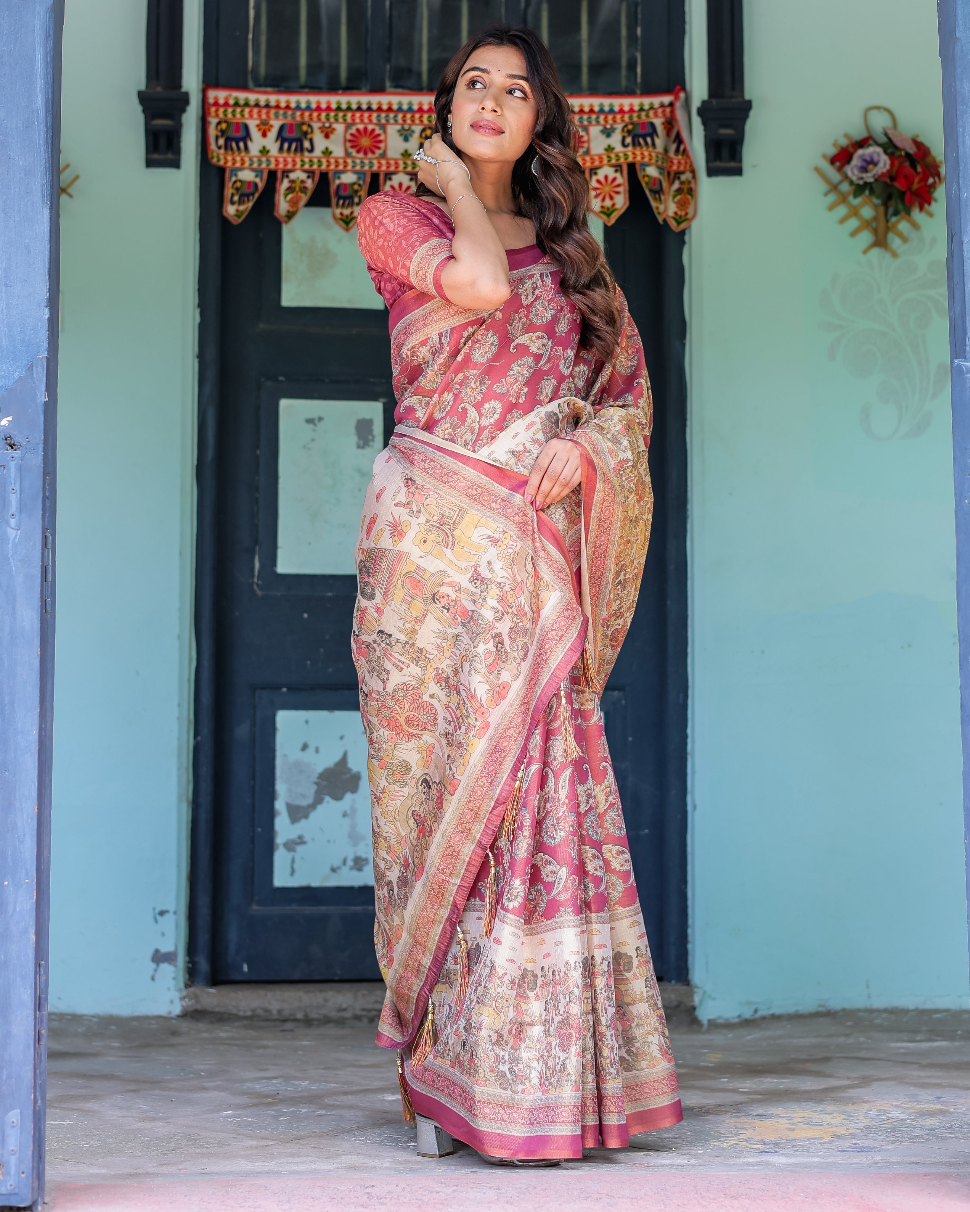 Maroon Rose Pink Handloom Cotton Saree with Traditional Procession Print & Floral Vine Motifs