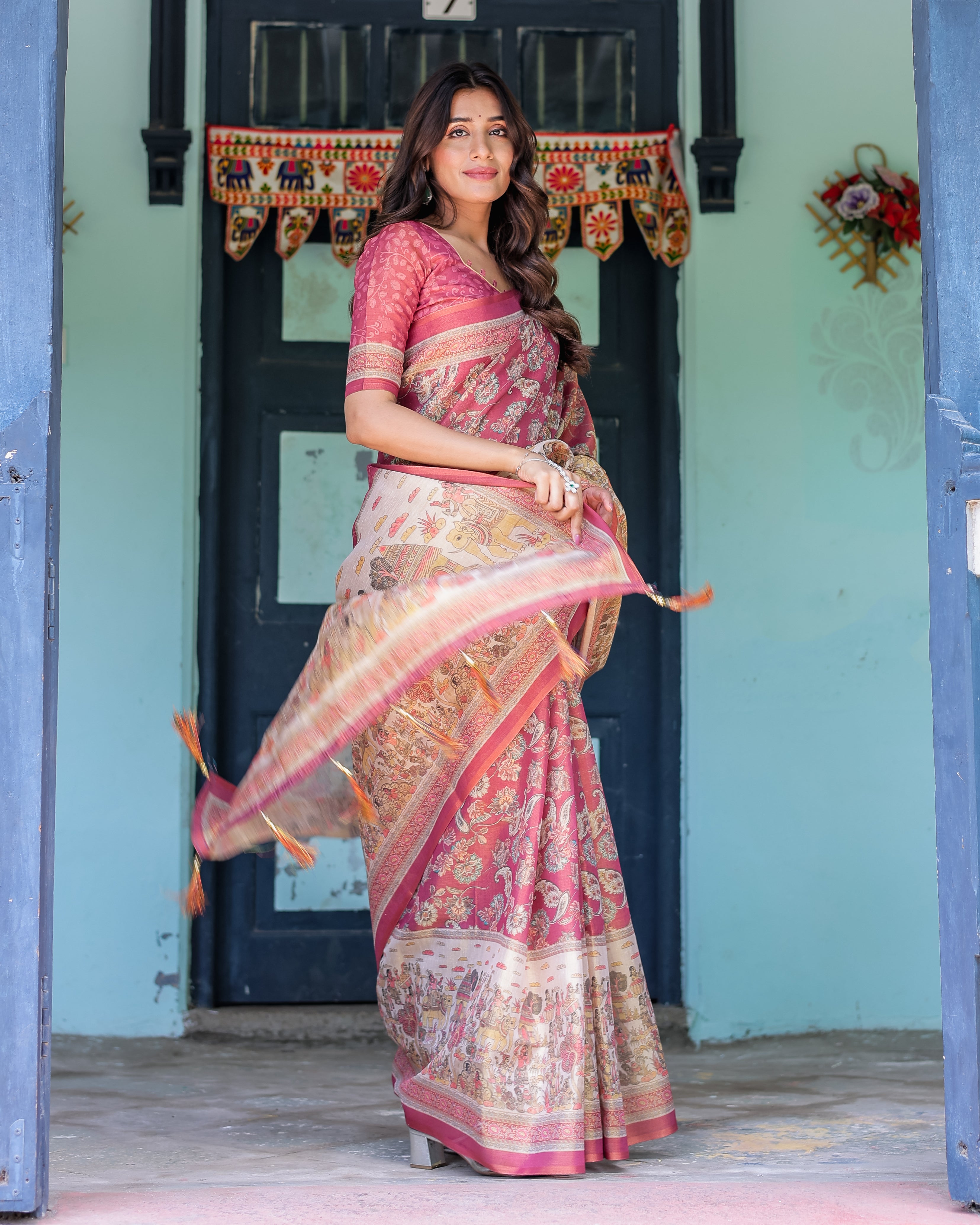 Maroon Rose Pink Handloom Cotton Saree with Traditional Procession Print & Floral Vine Motifs