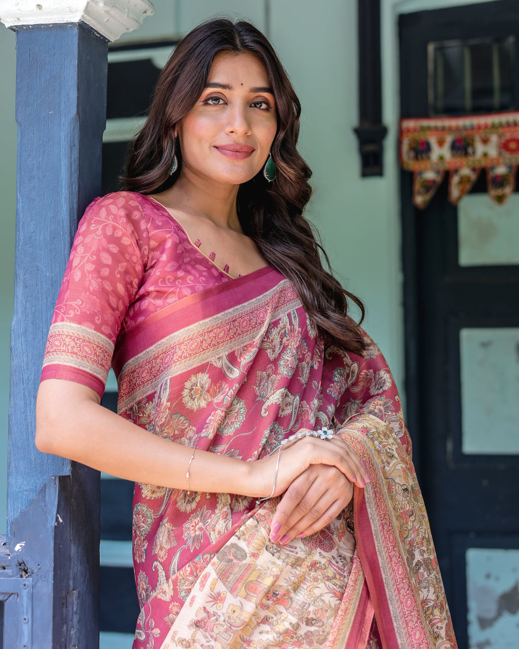 Maroon Rose Pink Handloom Cotton Saree with Traditional Procession Print & Floral Vine Motifs