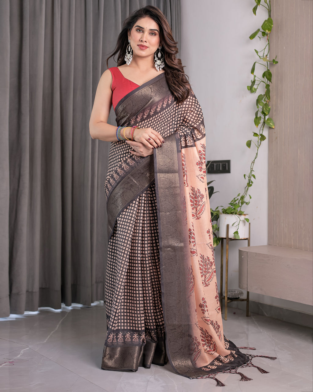 Elegant Beige Handloom Saree with Maroon Leaf Butta & Black Zari Woven Pallu | Festive Drape | 5.5m Saree + 0.8m Blouse