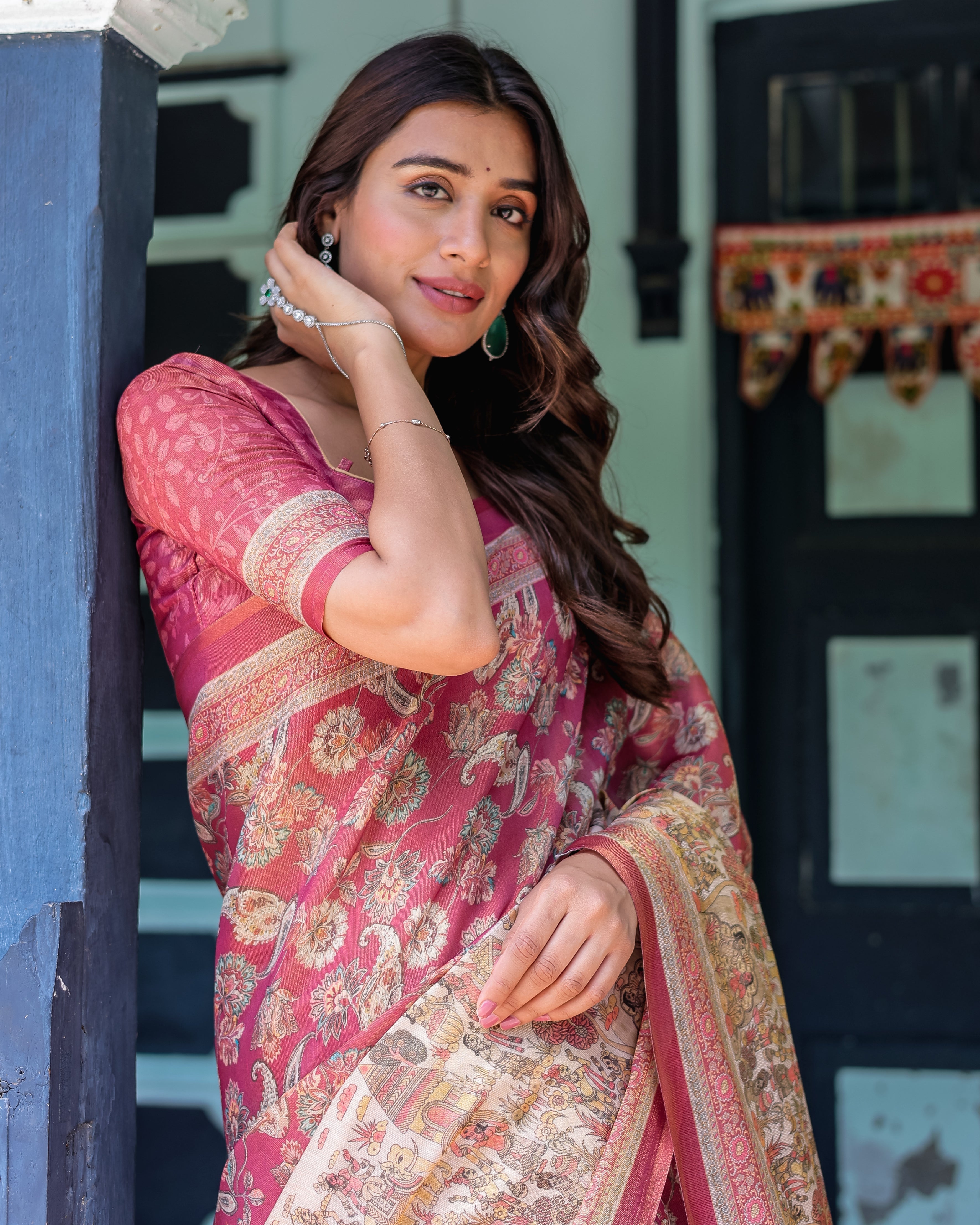 Maroon Rose Pink Handloom Cotton Saree with Traditional Procession Print & Floral Vine Motifs