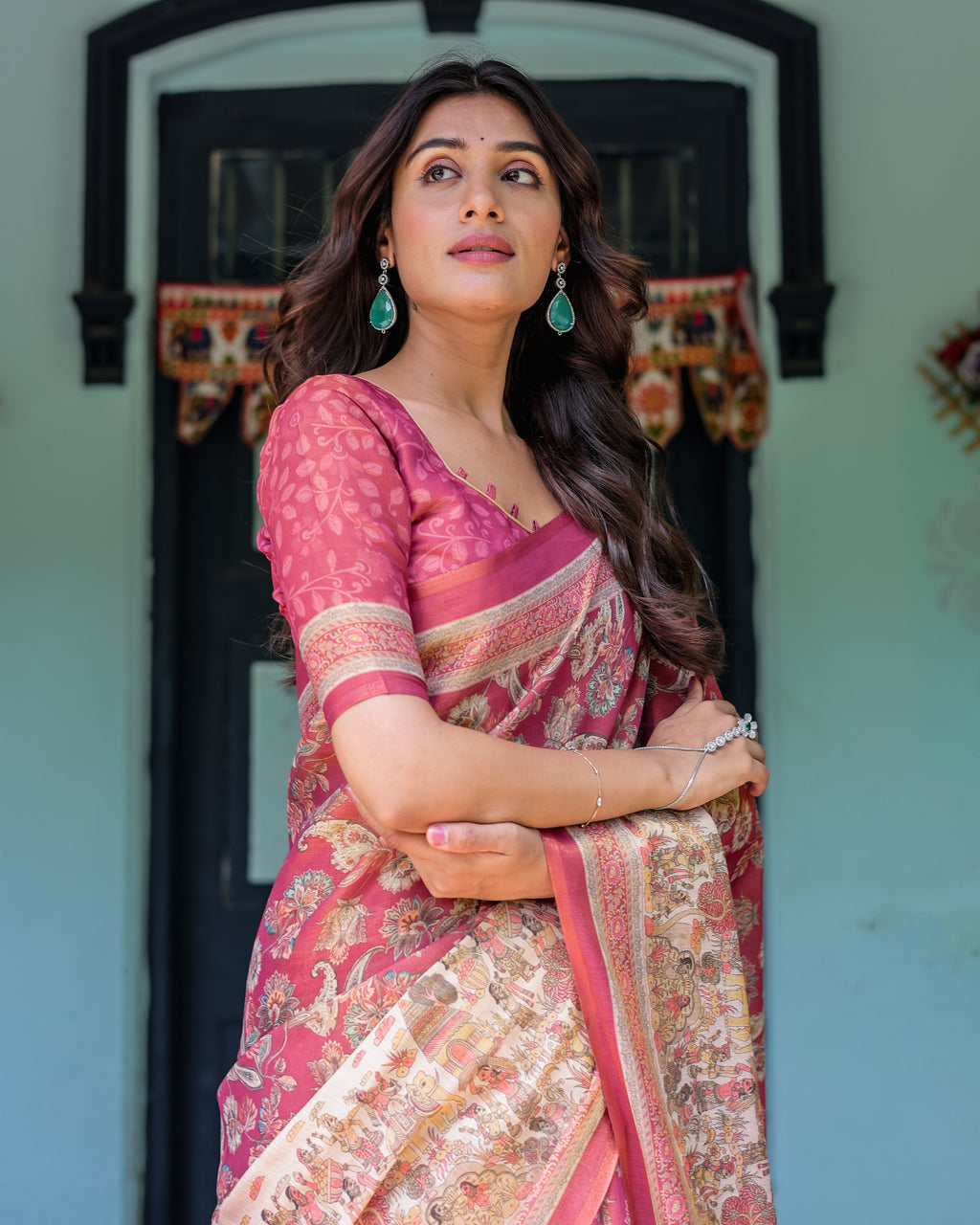 Maroon Rose Pink Handloom Cotton Saree with Traditional Procession Print & Floral Vine Motifs