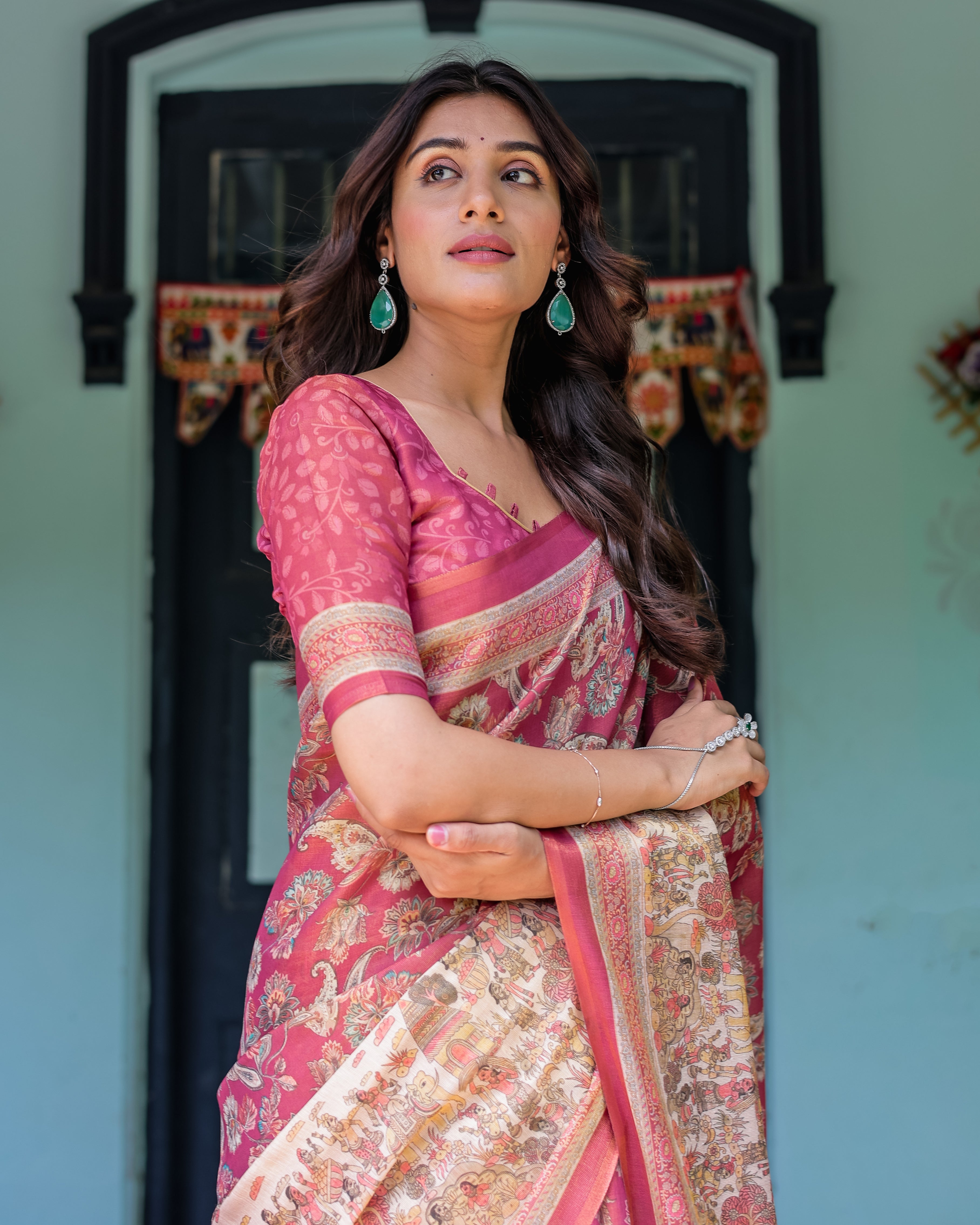 Maroon Rose Pink Handloom Cotton Saree with Traditional Procession Print & Floral Vine Motifs