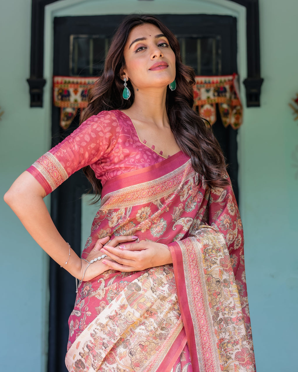 Maroon Rose Pink Handloom Cotton Saree with Traditional Procession Print & Floral Vine Motifs