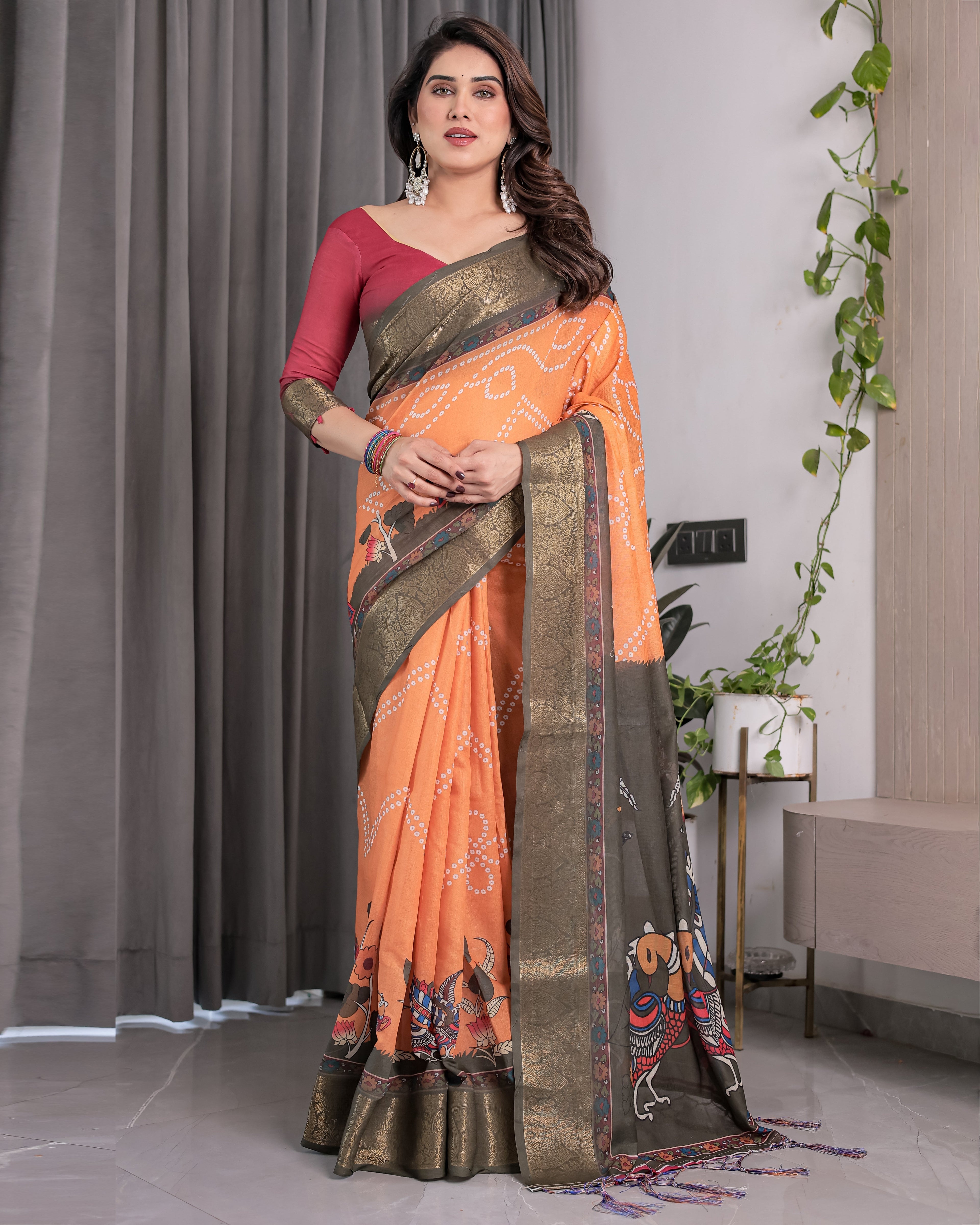 Dual-Tone Mustard & Olive Handloom Saree with Kalamkari-Inspired Bird Motifs & Zari Border | 5.5m Saree + 0.8m Blouse