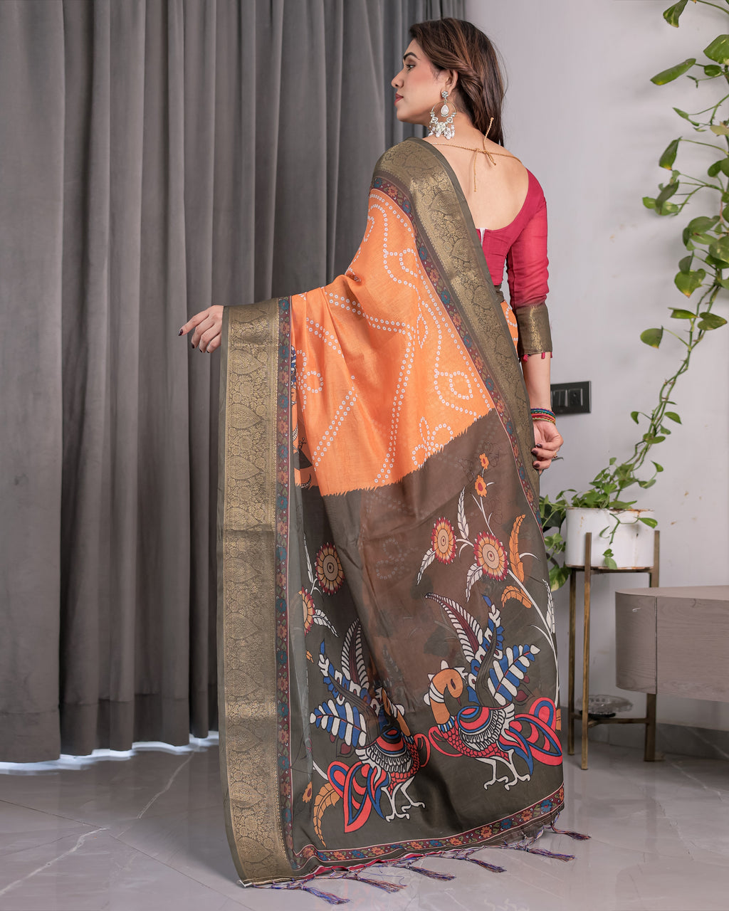 Dual-Tone Mustard & Olive Handloom Saree with Kalamkari-Inspired Bird Motifs & Zari Border | 5.5m Saree + 0.8m Blouse