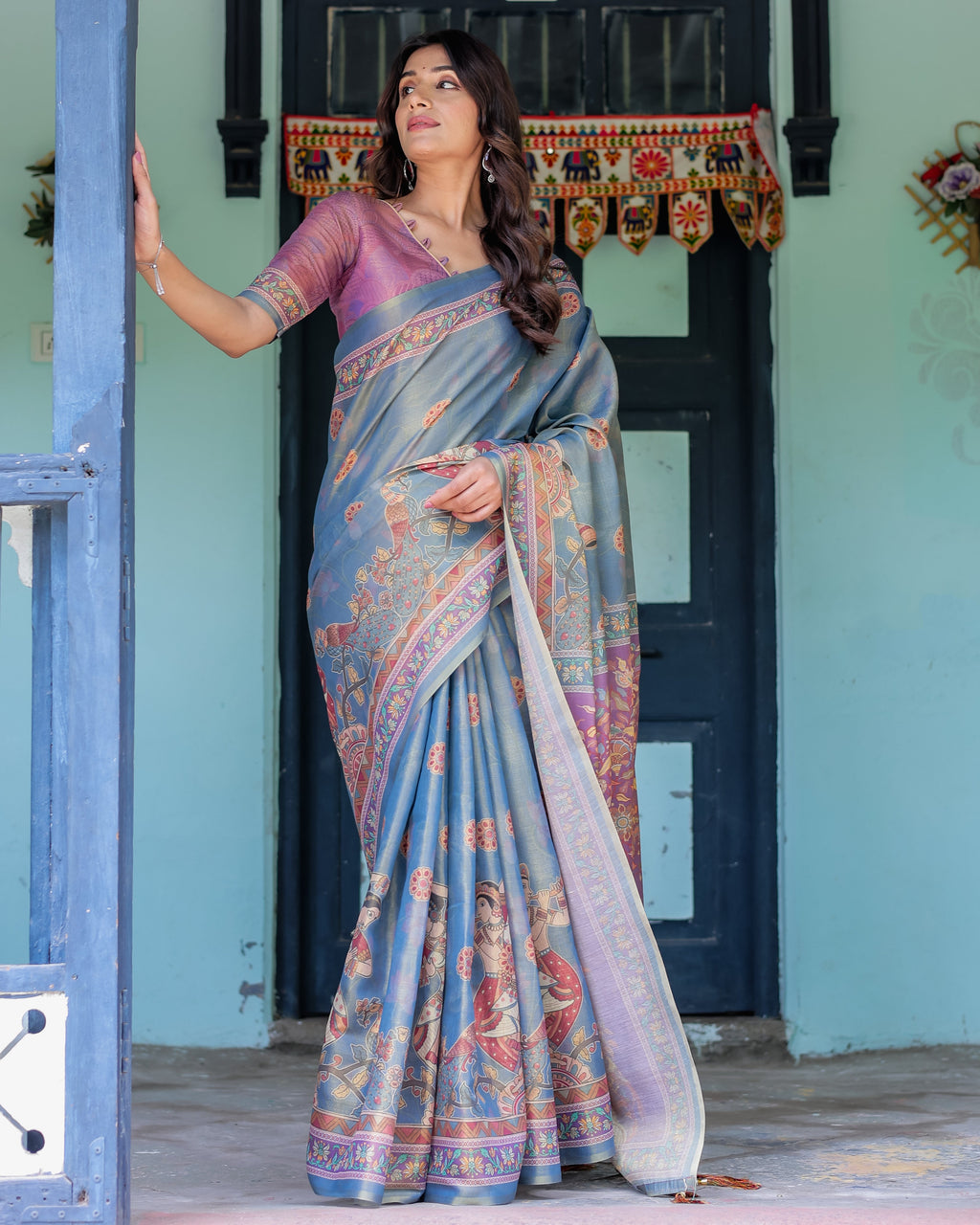 Dusky Blue & Violet Handloom Cotton Saree with Mythical Tree Art & Peacock Detailing