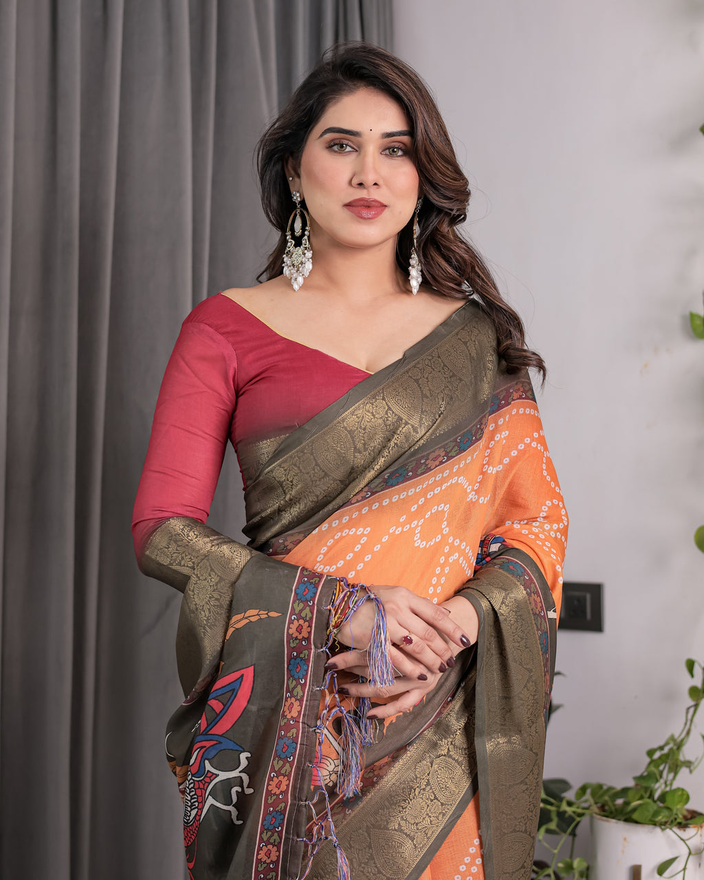 Dual-Tone Mustard & Olive Handloom Saree with Kalamkari-Inspired Bird Motifs & Zari Border | 5.5m Saree + 0.8m Blouse