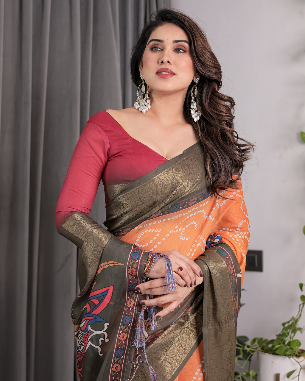 Dual-Tone Mustard & Olive Handloom Saree with Kalamkari-Inspired Bird Motifs & Zari Border | 5.5m Saree + 0.8m Blouse