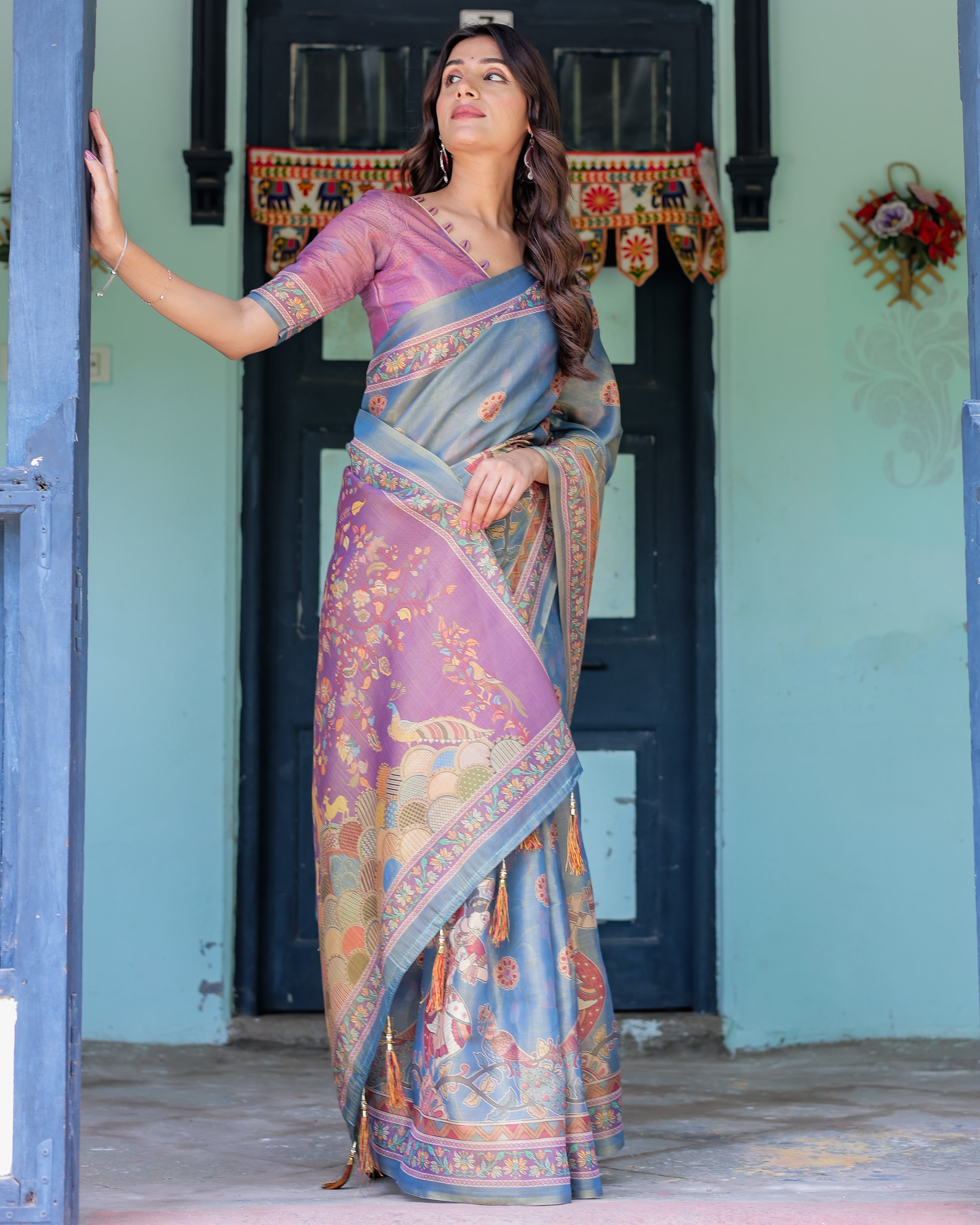 Dusky Blue & Violet Handloom Cotton Saree with Mythical Tree Art & Peacock Detailing