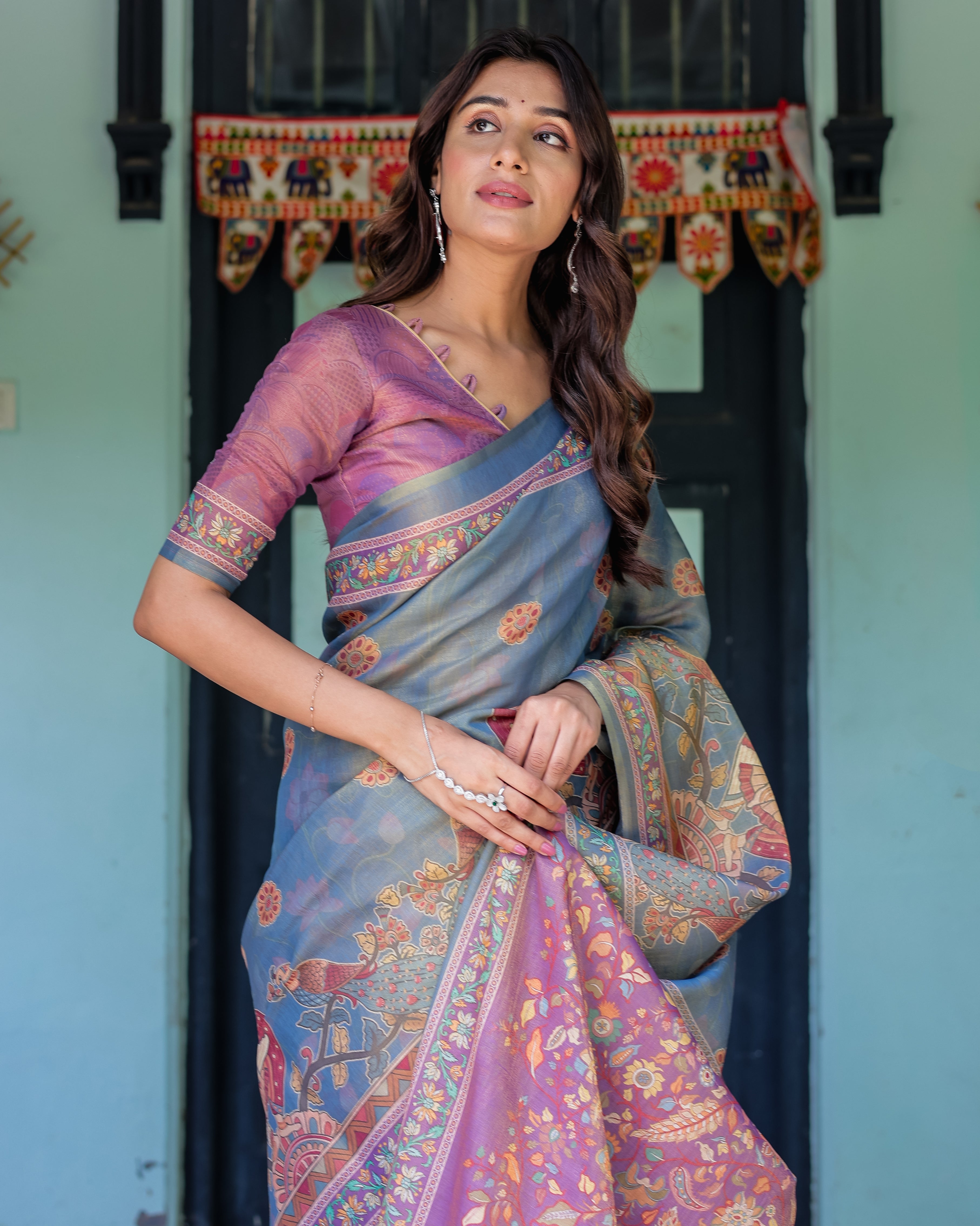Dusky Blue & Violet Handloom Cotton Saree with Mythical Tree Art & Peacock Detailing
