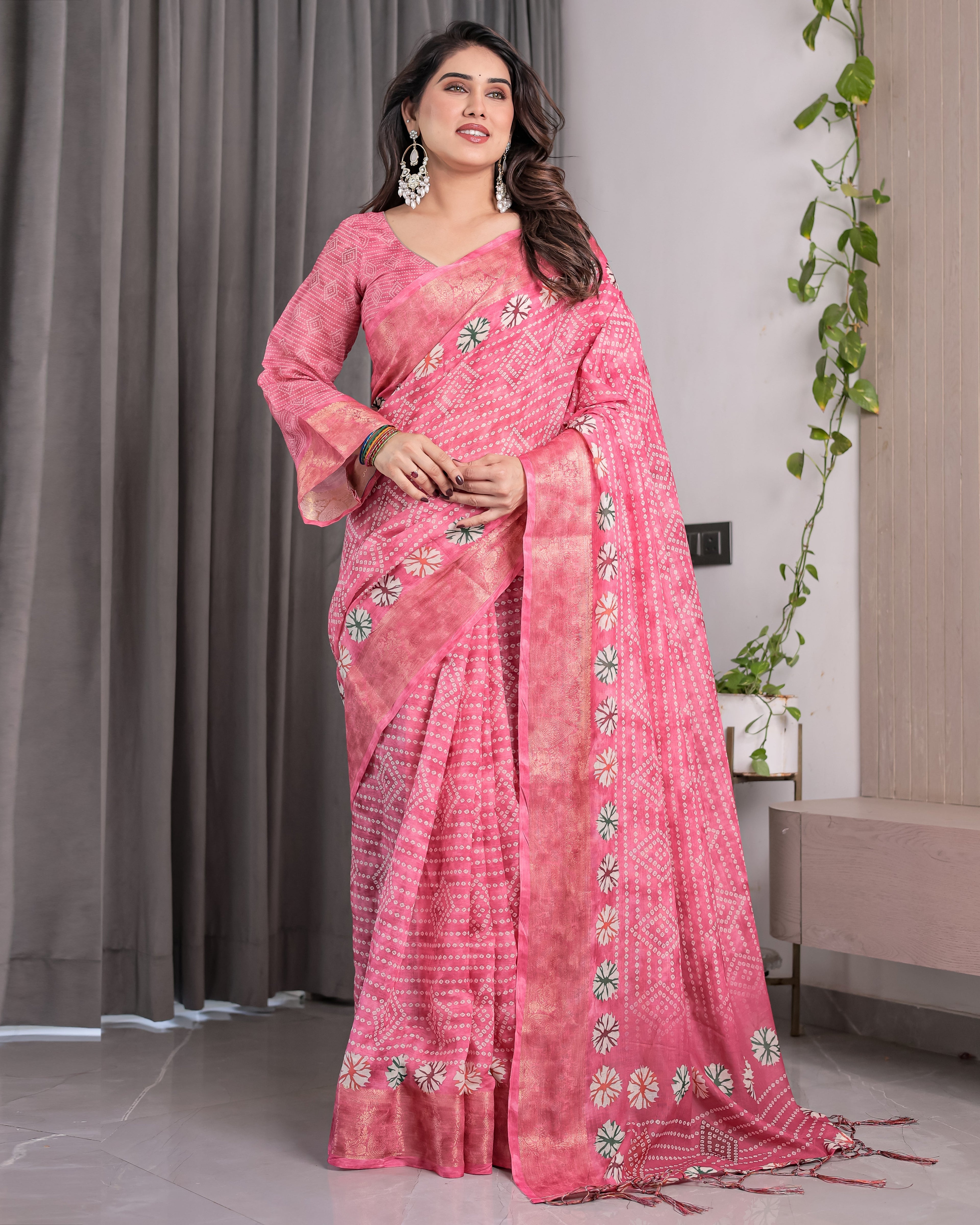 Rose Pink Bandhani-Inspired Handloom Linen Saree with White Floral Dots & Zari Border | 5.5m Saree + 0.8m Attached Blouse with Tassels