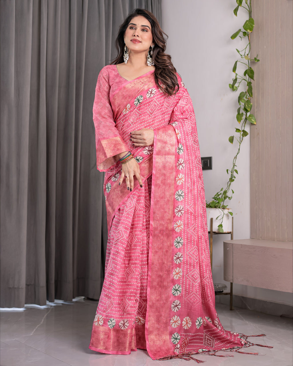 Rose Pink Bandhani-Inspired Handloom Linen Saree with White Floral Dots & Zari Border | 5.5m Saree + 0.8m Attached Blouse with Tassels