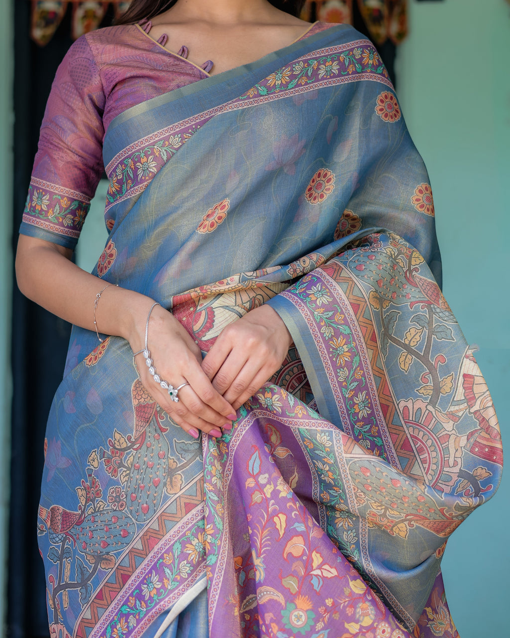 Dusky Blue & Violet Handloom Cotton Saree with Mythical Tree Art & Peacock Detailing