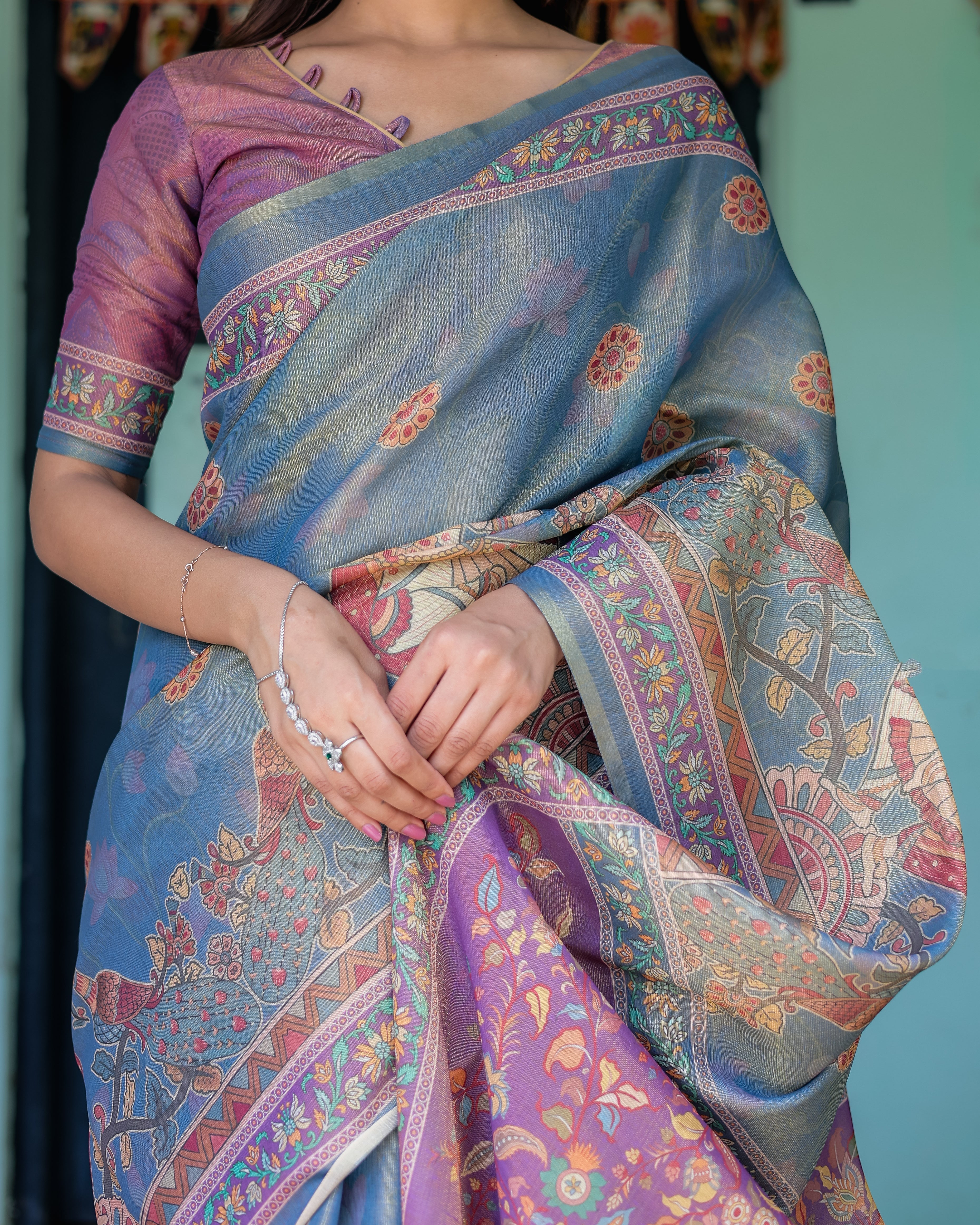 Dusky Blue & Violet Handloom Cotton Saree with Mythical Tree Art & Peacock Detailing