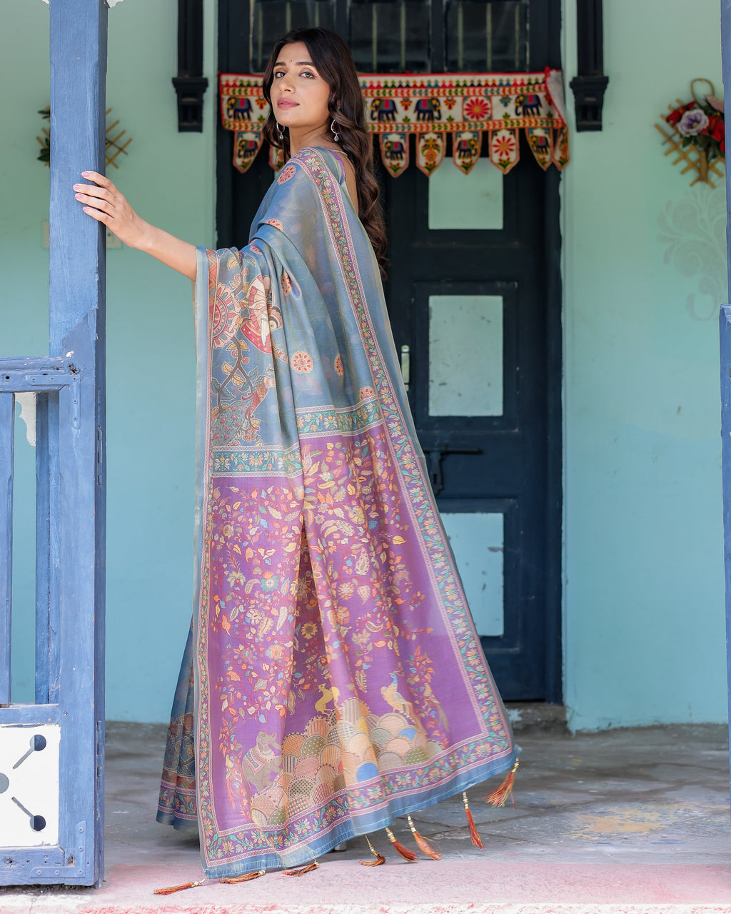 Dusky Blue & Violet Handloom Cotton Saree with Mythical Tree Art & Peacock Detailing