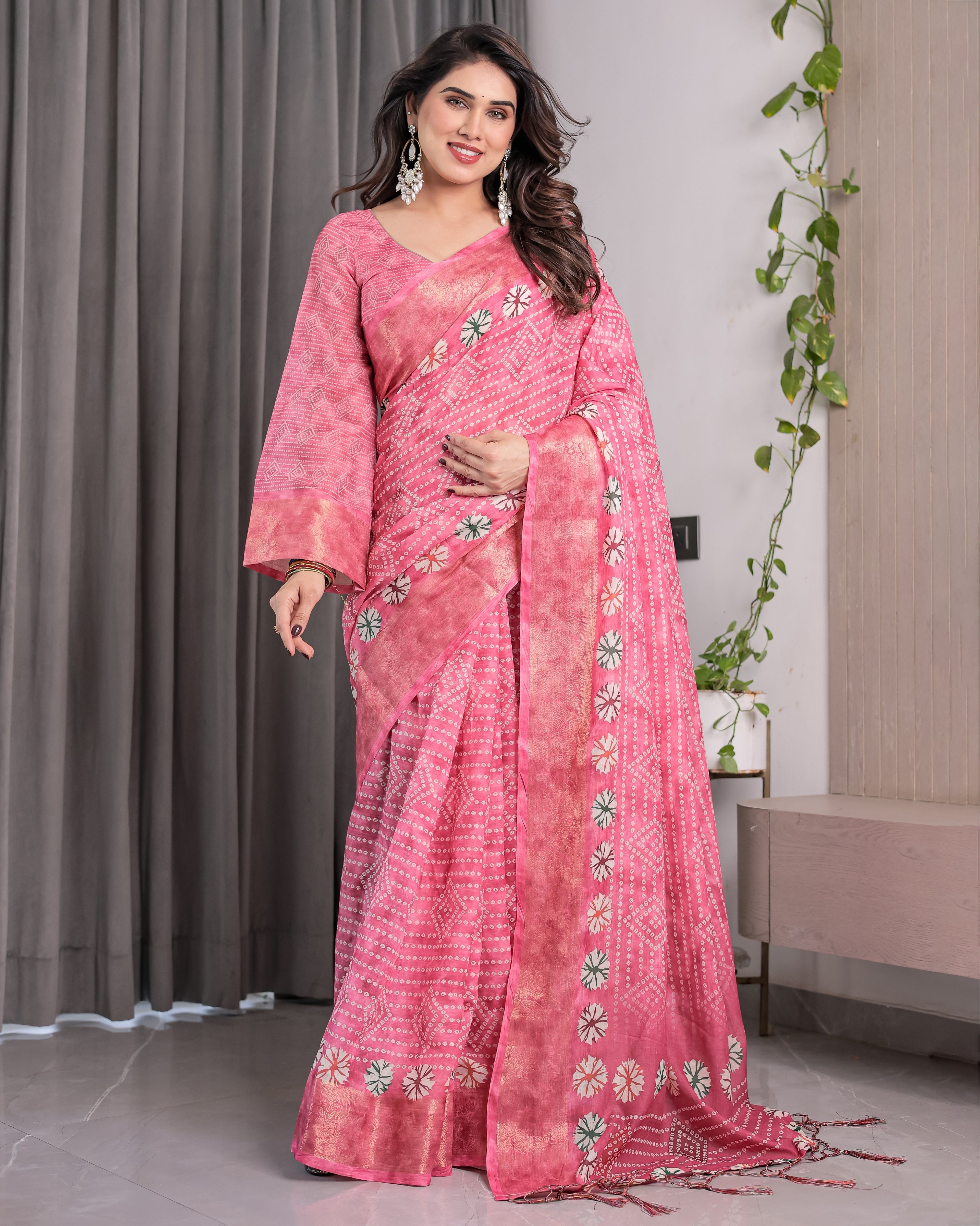 Rose Pink Bandhani-Inspired Handloom Linen Saree with White Floral Dots & Zari Border | 5.5m Saree + 0.8m Attached Blouse with Tassels