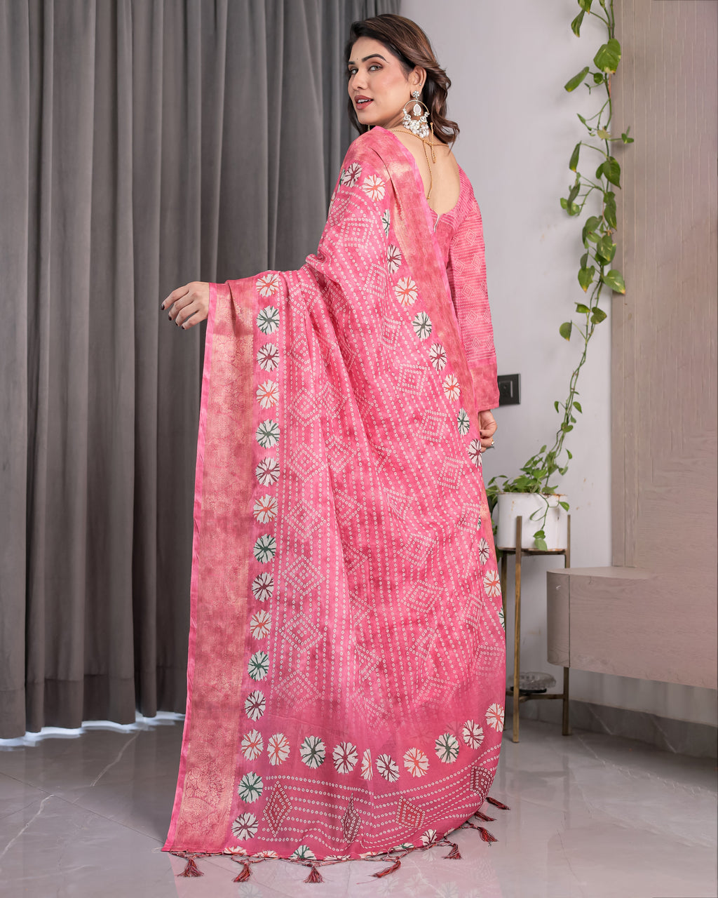 Rose Pink Bandhani-Inspired Handloom Linen Saree with White Floral Dots & Zari Border | 5.5m Saree + 0.8m Attached Blouse with Tassels